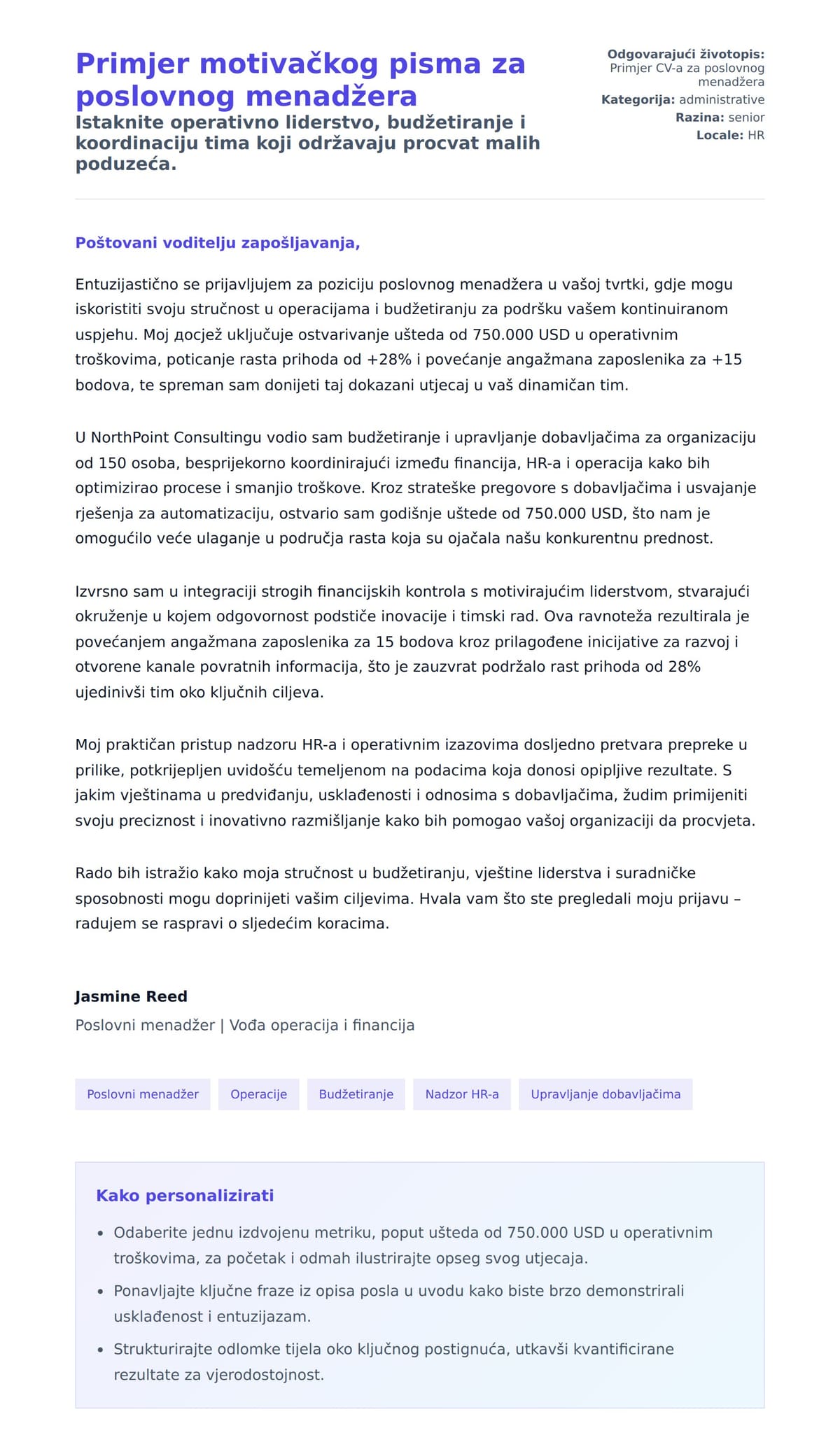 Pregled motivacijskog pisma za Primjer motivačkog pisma za poslovnog menadžera