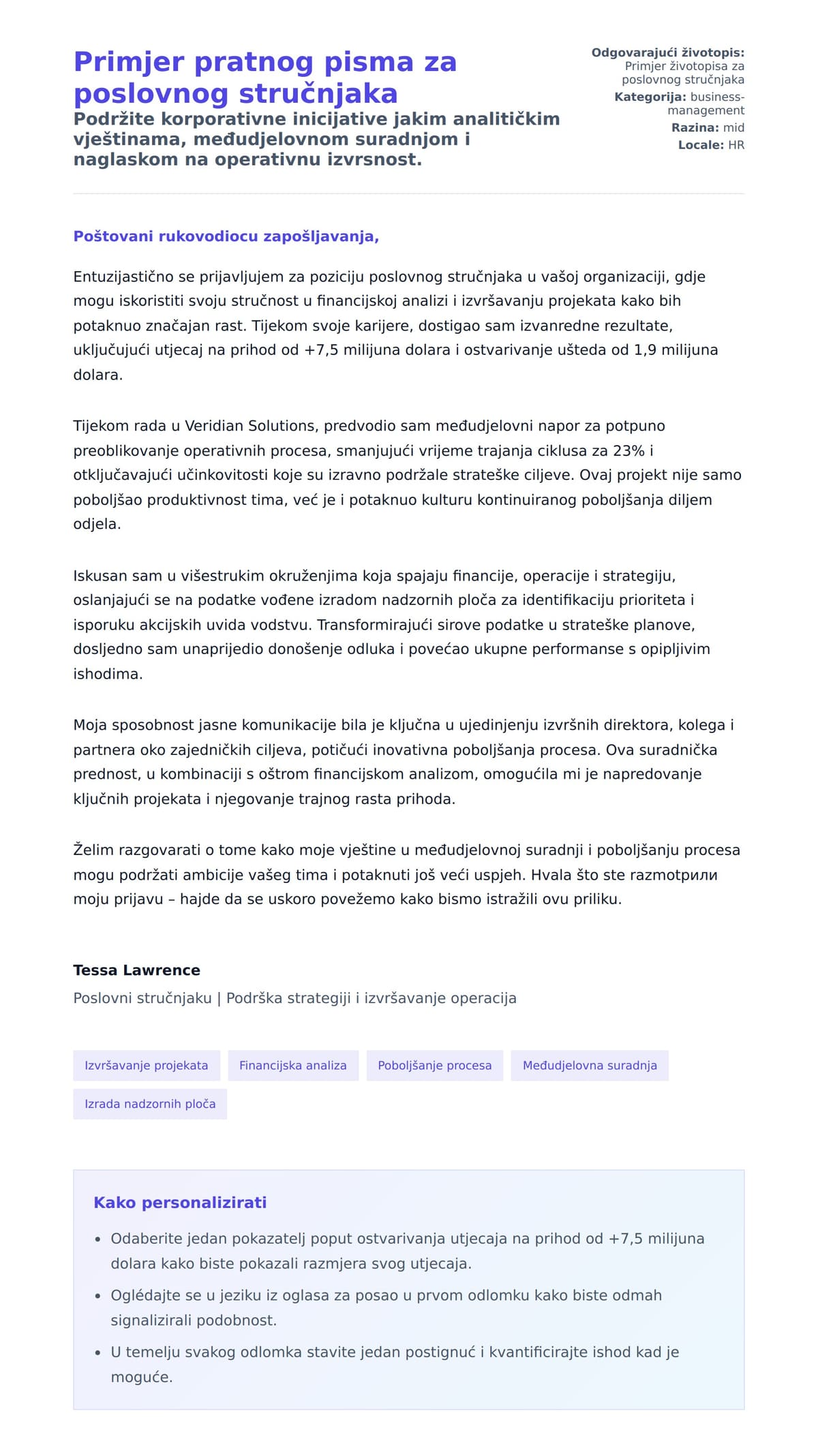 Pregled motivacijskog pisma za Primjer pratnog pisma za poslovnog stručnjaka