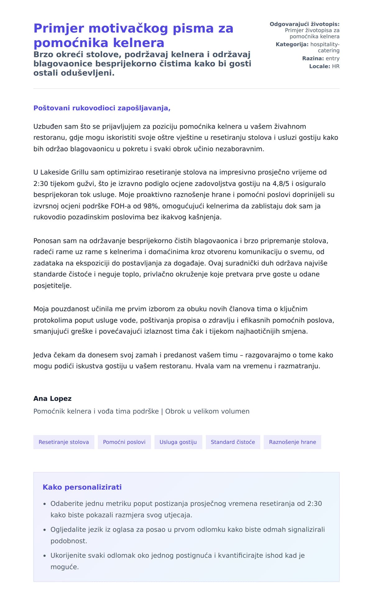 Pregled motivacijskog pisma za Primjer motivačkog pisma za pomoćnika kelnera