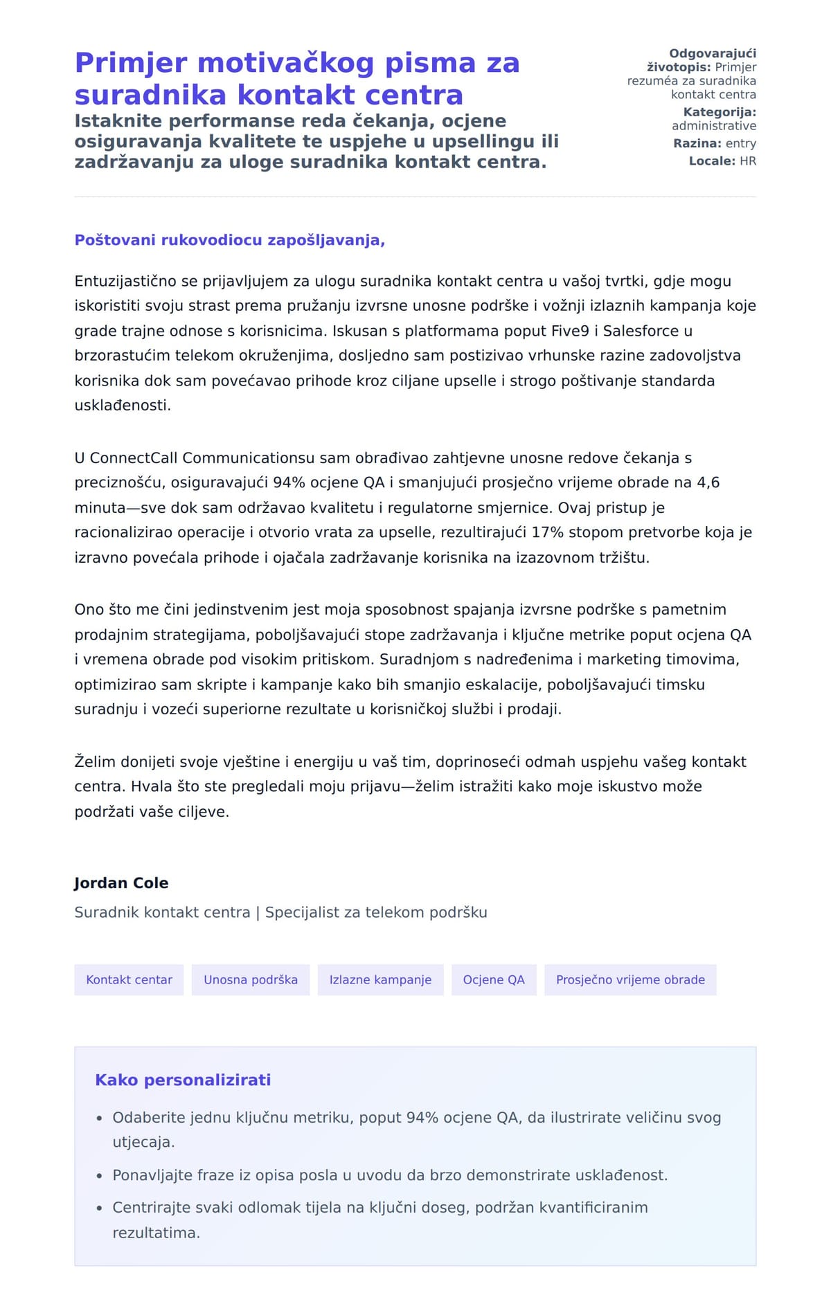 Primjer motivačkog pisma za suradnika kontakt centra