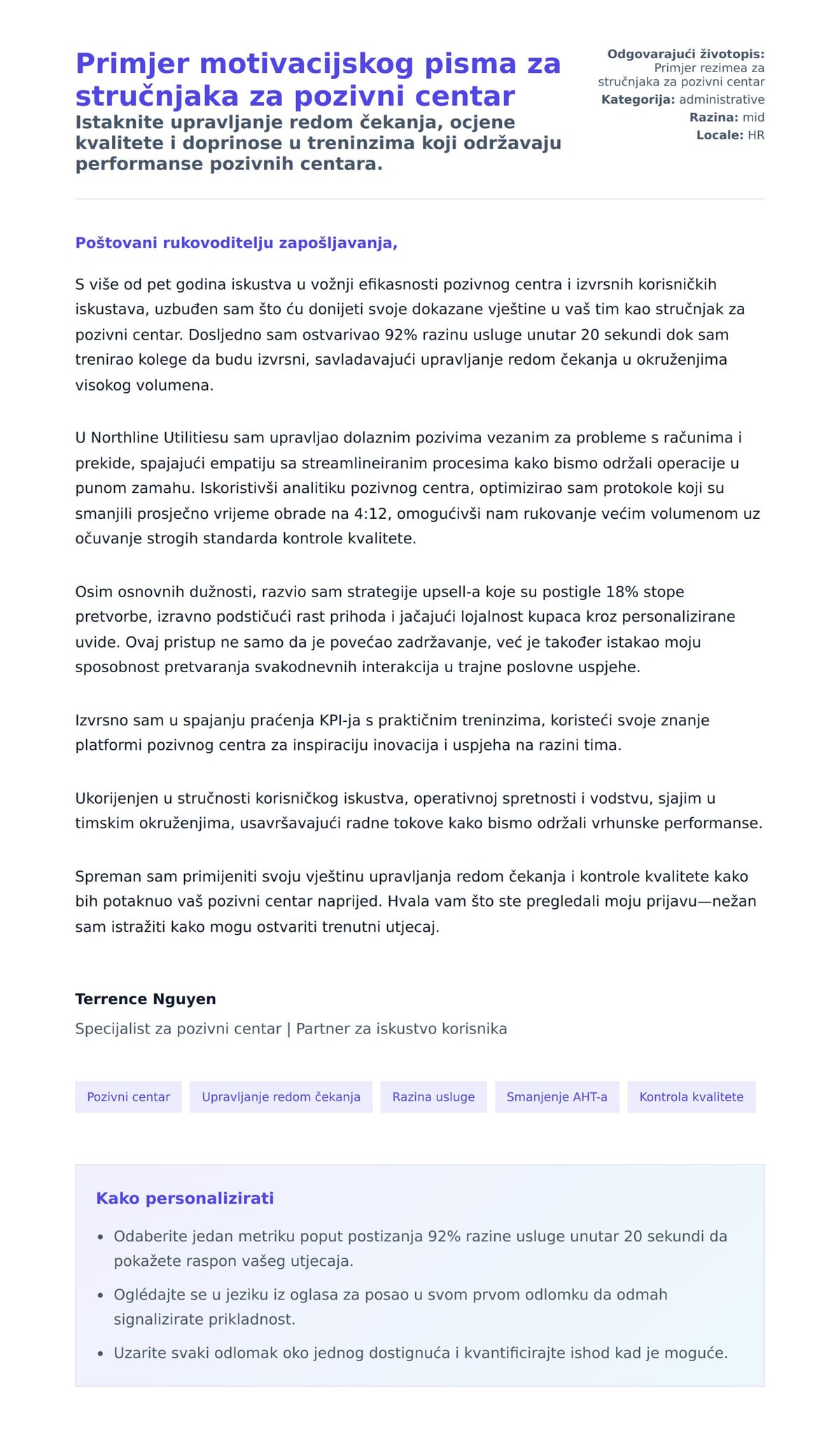 Primjer motivacijskog pisma za stručnjaka za pozivni centar