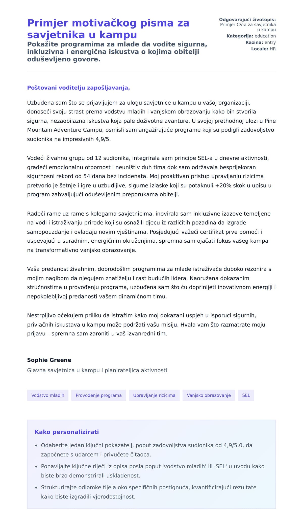 Pregled motivacijskog pisma za Primjer motivačkog pisma za savjetnika u kampu