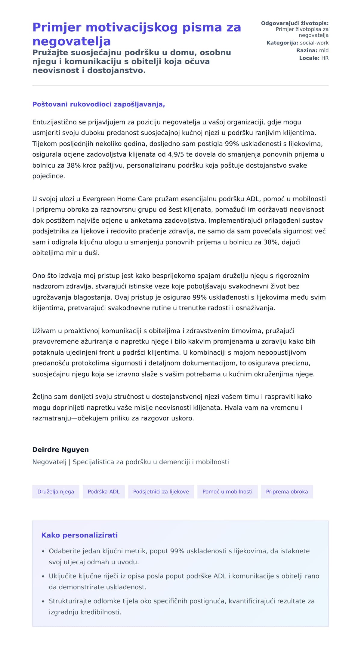 Pregled motivacijskog pisma za Primjer motivacijskog pisma za negovatelja