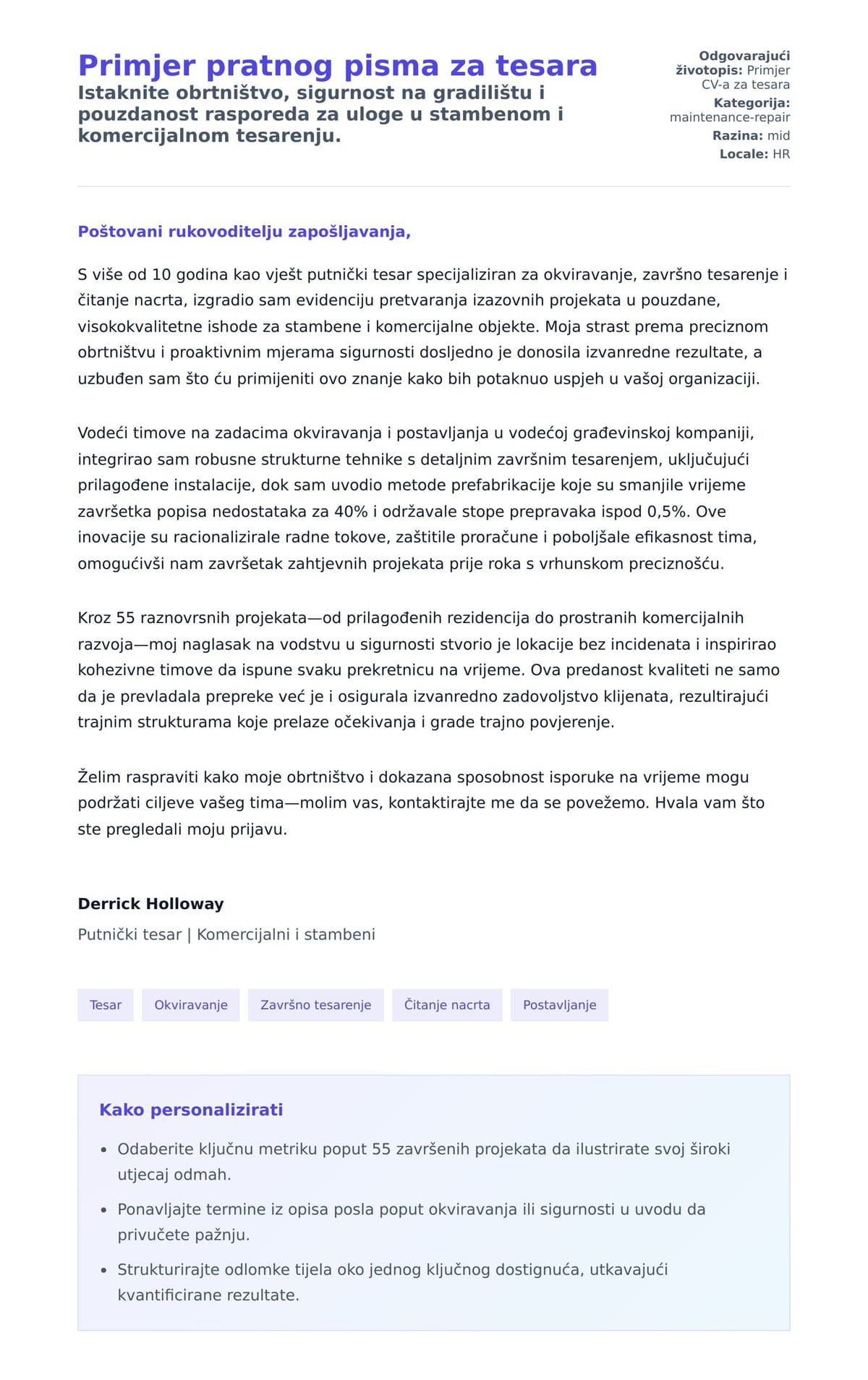 Pregled motivacijskog pisma za Primjer pratnog pisma za tesara