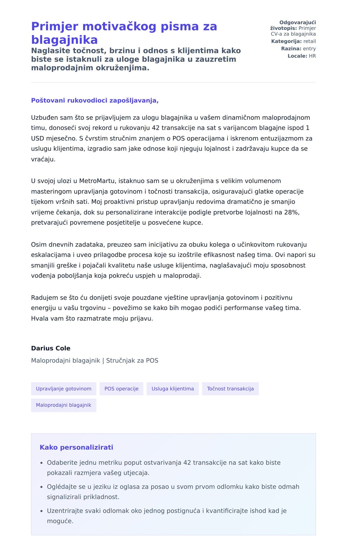 Pregled motivacijskog pisma za Primjer motivačkog pisma za blagajnika