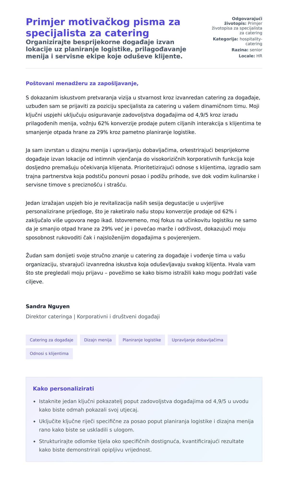 Pregled motivacijskog pisma za Primjer motivačkog pisma za specijalista za catering