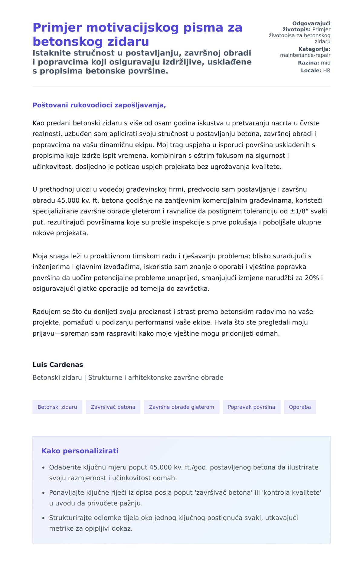 Pregled motivacijskog pisma za Primjer motivacijskog pisma za betonskog zidaru