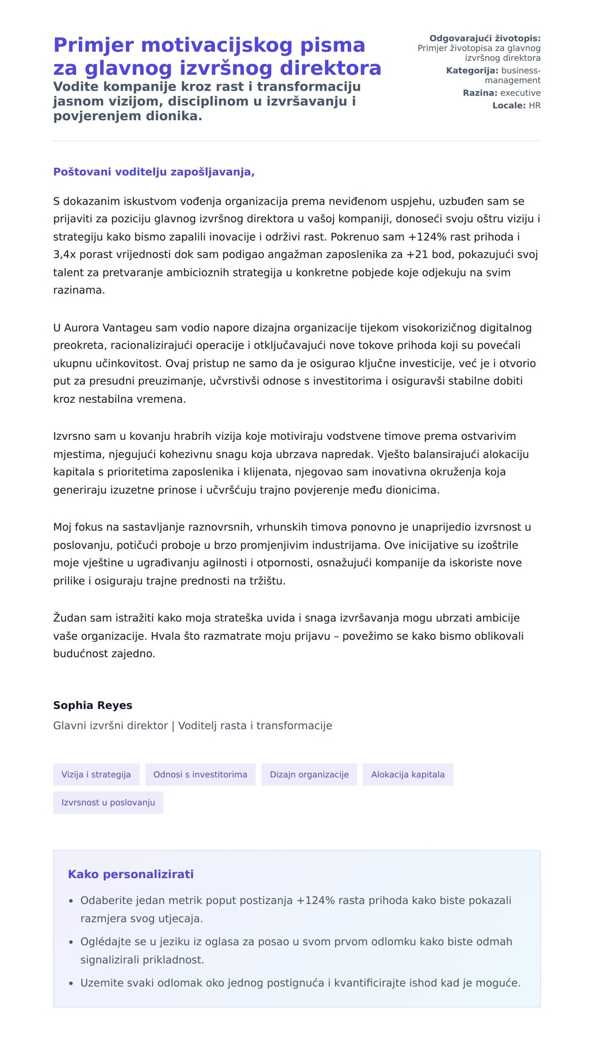 Pregled motivacijskog pisma za Primjer motivacijskog pisma za glavnog izvršnog direktora