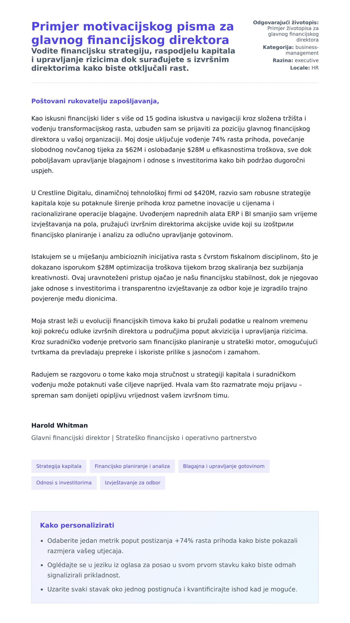 Pregled motivacijskog pisma za Primjer motivacijskog pisma za glavnog financijskog direktora