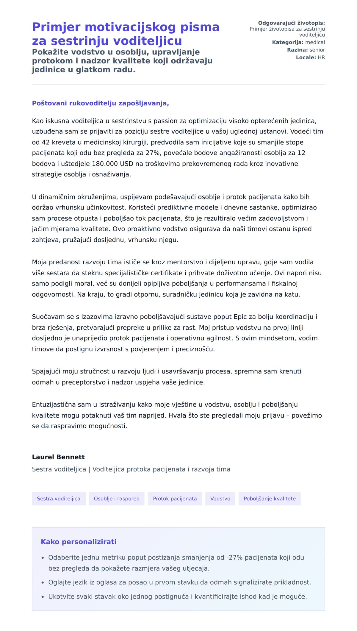 Pregled motivacijskog pisma za Primjer motivacijskog pisma za sestrinju voditeljicu