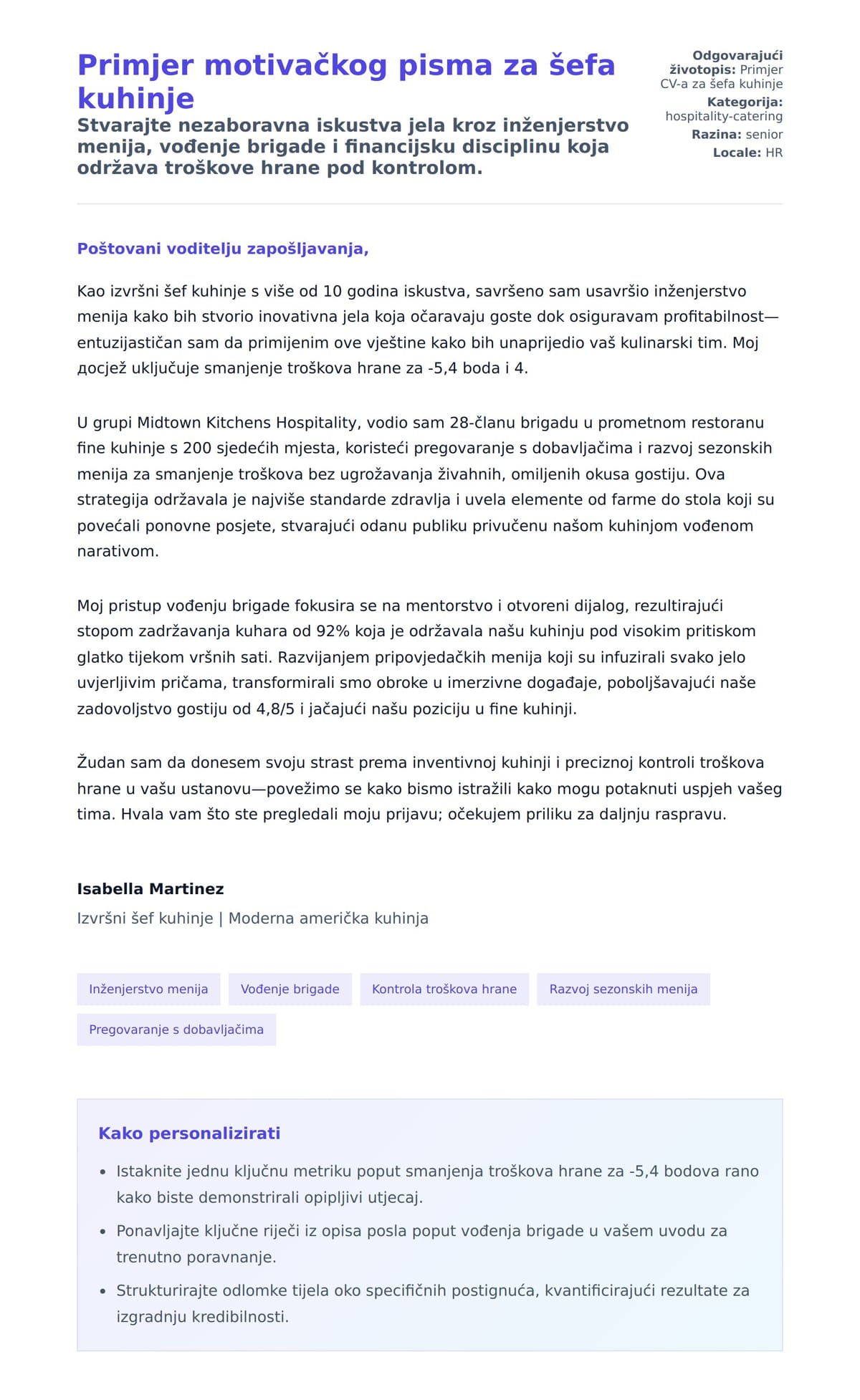 Pregled motivacijskog pisma za Primjer motivačkog pisma za šefa kuhinje