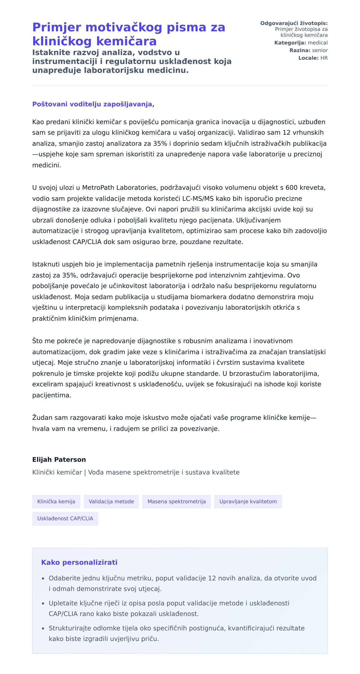 Pregled motivacijskog pisma za Primjer motivačkog pisma za kliničkog kemičara