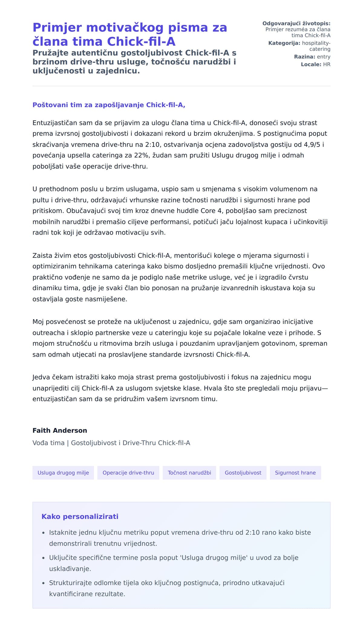 Pregled motivacijskog pisma za Primjer motivačkog pisma za člana tima Chick-fil-A