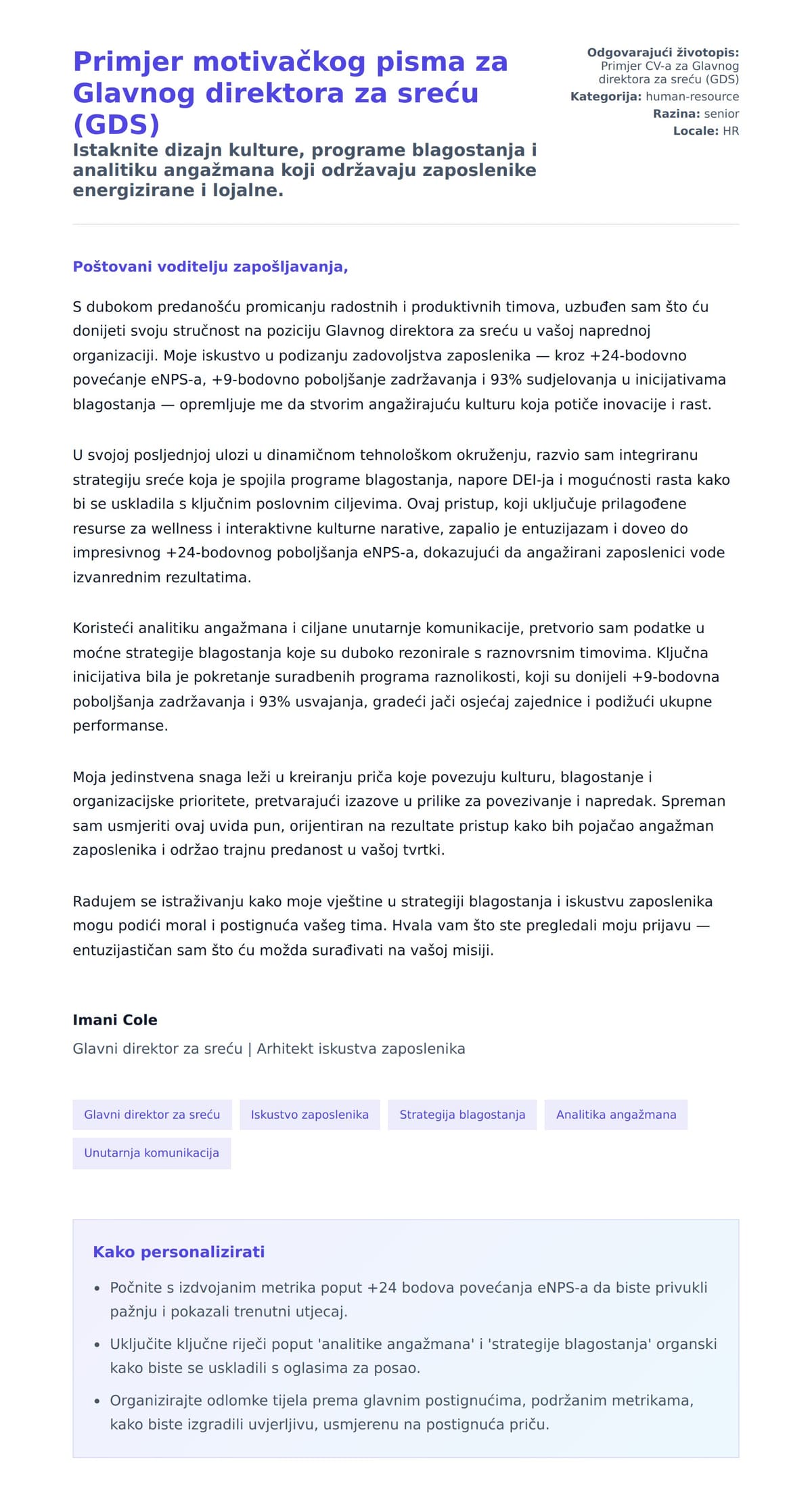 Pregled motivacijskog pisma za Primjer motivačkog pisma za Glavnog direktora za sreću (GDS)