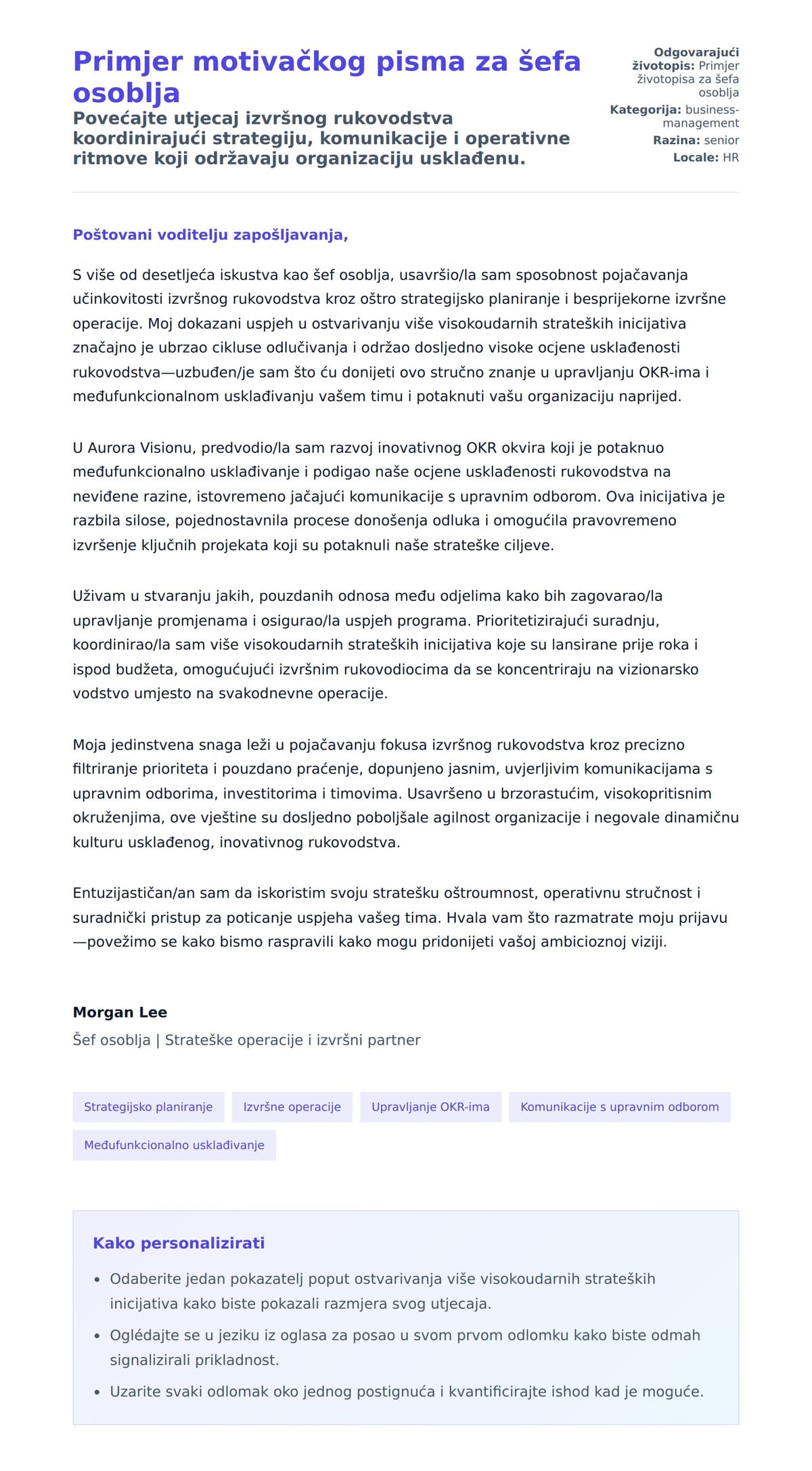 Pregled motivacijskog pisma za Primjer motivačkog pisma za šefa osoblja