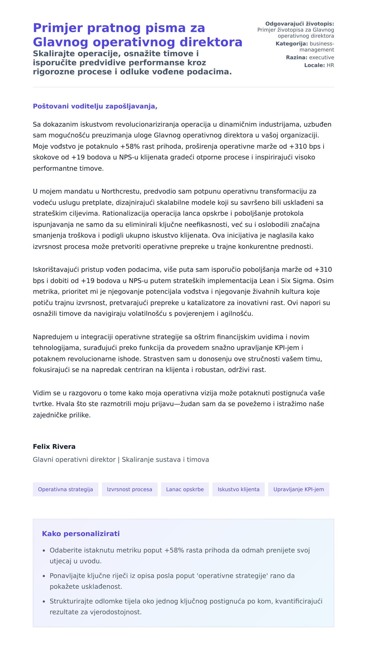 Pregled motivacijskog pisma za Primjer pratnog pisma za Glavnog operativnog direktora