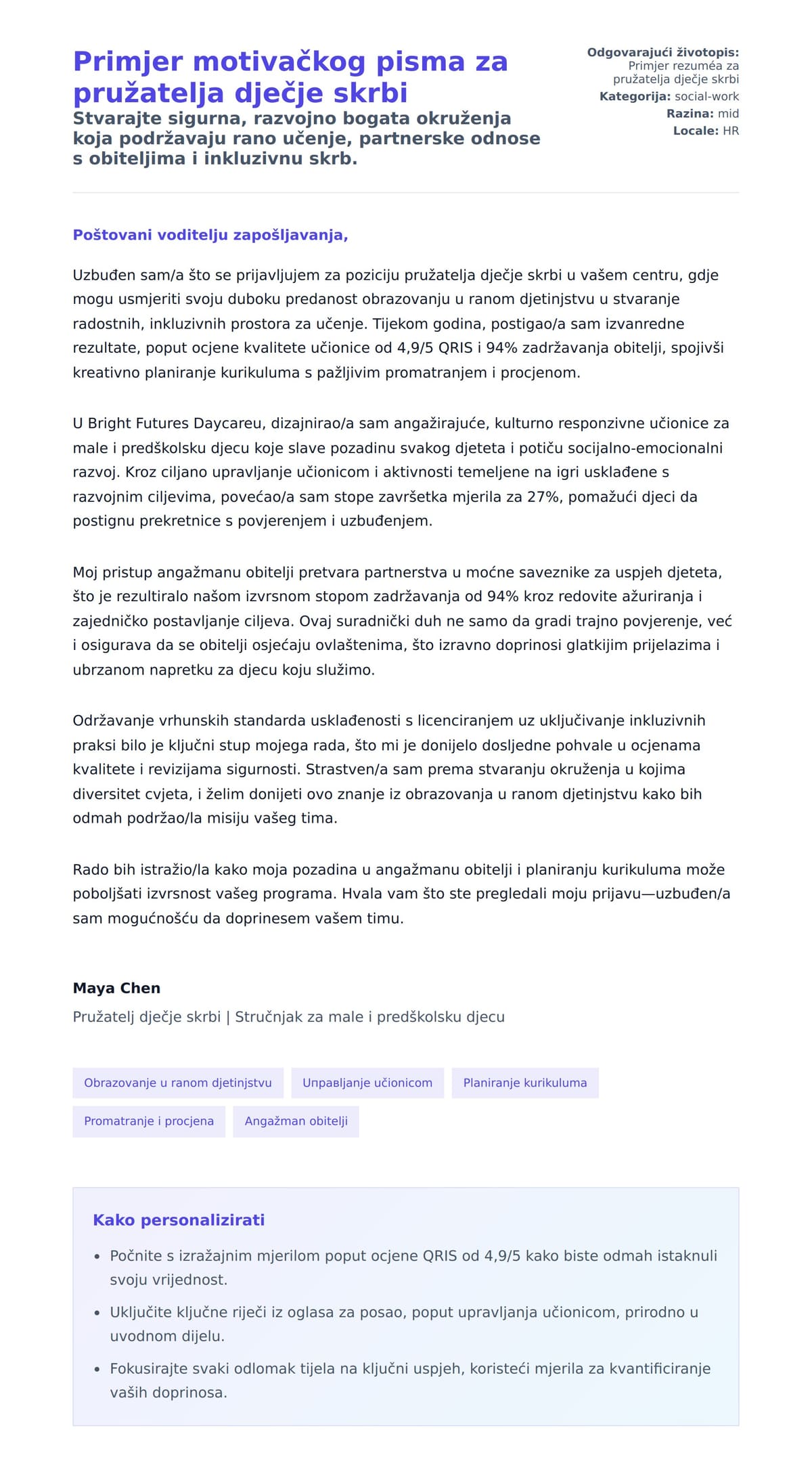 Pregled motivacijskog pisma za Primjer motivačkog pisma za pružatelja dječje skrbi