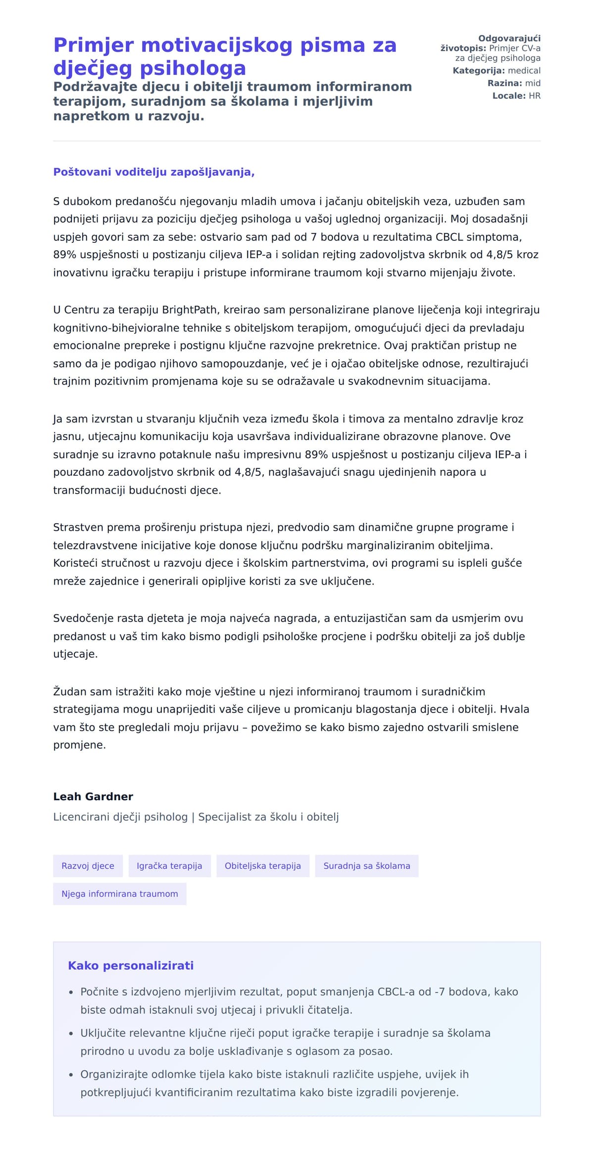 Pregled motivacijskog pisma za Primjer motivacijskog pisma za dječjeg psihologa