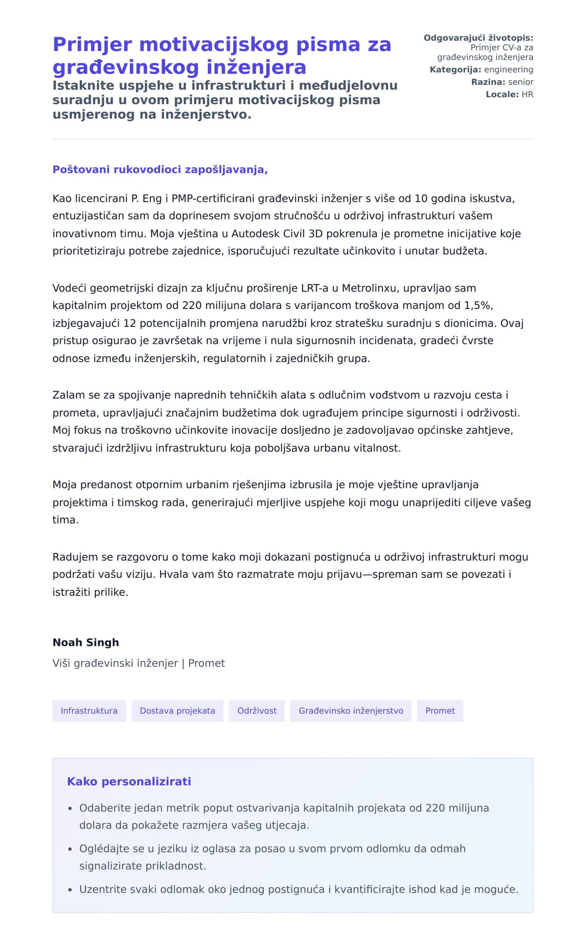 Pregled motivacijskog pisma za Primjer motivacijskog pisma za građevinskog inženjera