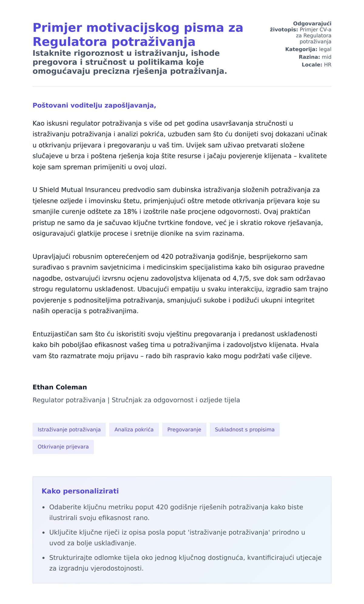 Pregled motivacijskog pisma za Primjer motivacijskog pisma za Regulatora potraživanja