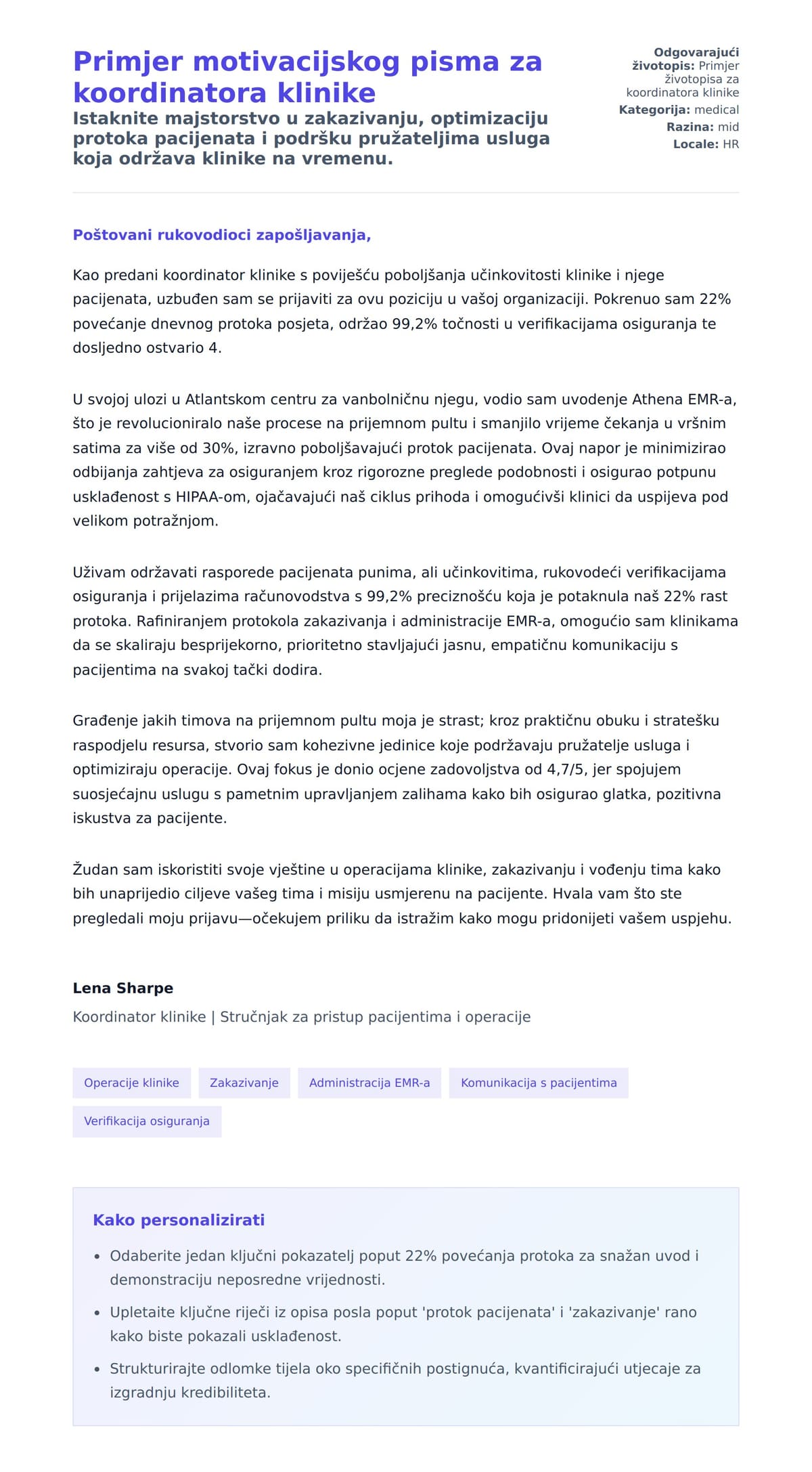 Pregled motivacijskog pisma za Primjer motivacijskog pisma za koordinatora klinike