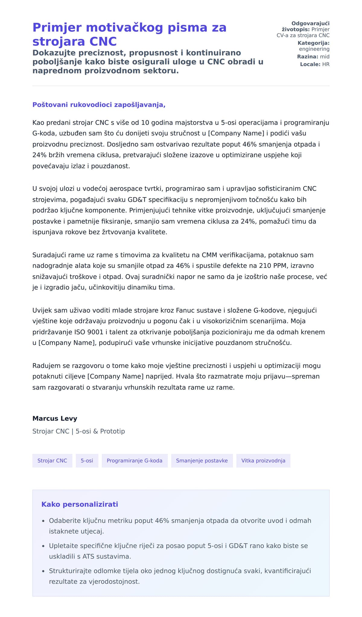 Pregled motivacijskog pisma za Primjer motivačkog pisma za strojara CNC