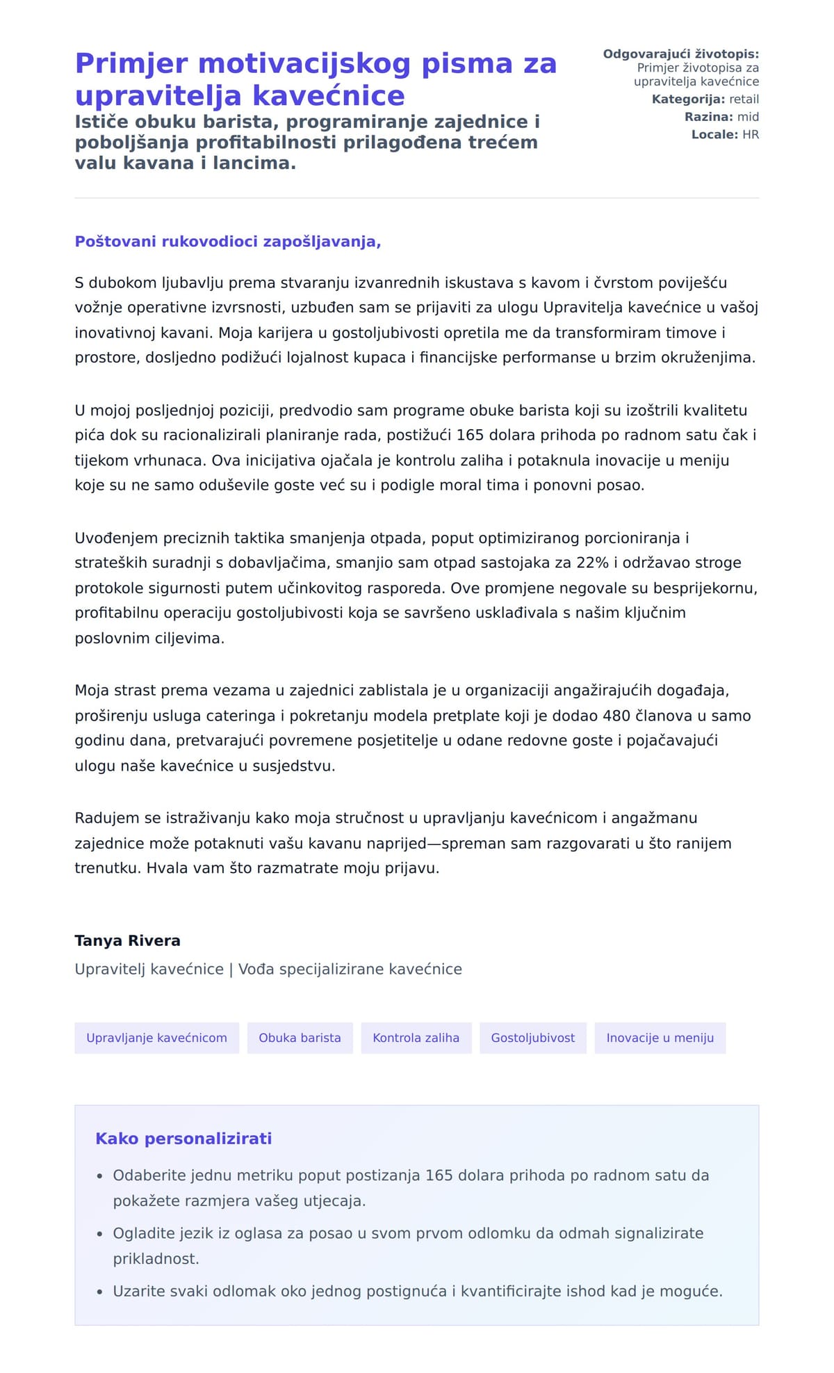 Pregled motivacijskog pisma za Primjer motivacijskog pisma za upravitelja kavećnice