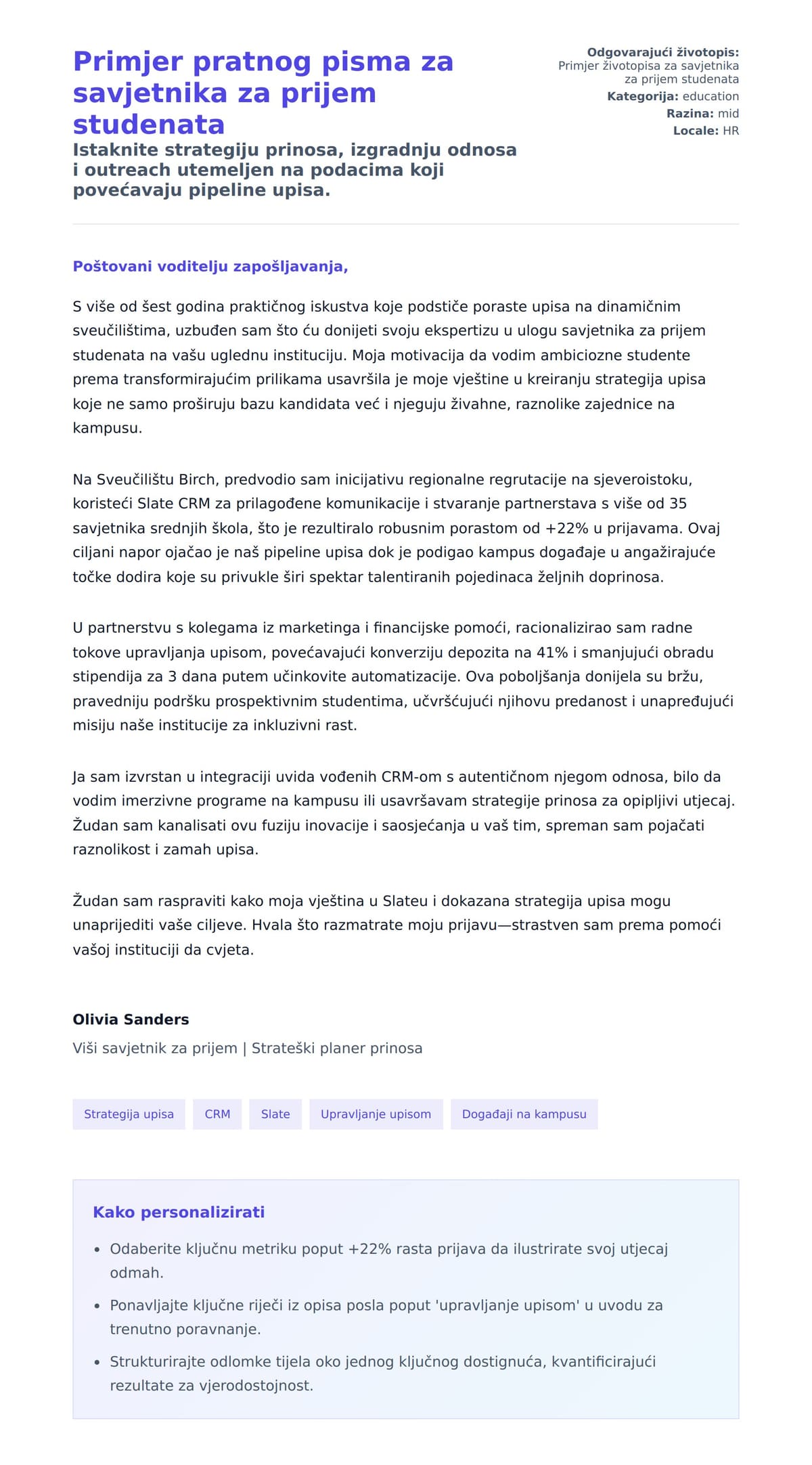 Pregled motivacijskog pisma za Primjer pratnog pisma za savjetnika za prijem studenata