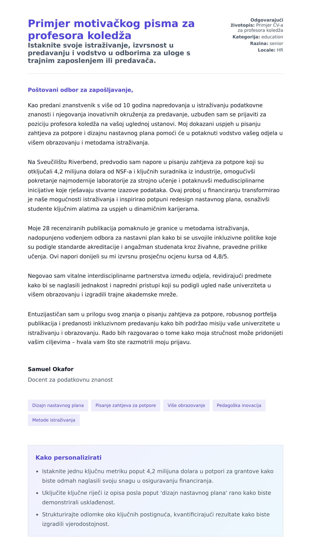 Pregled motivacijskog pisma za Primjer motivačkog pisma za profesora koledža