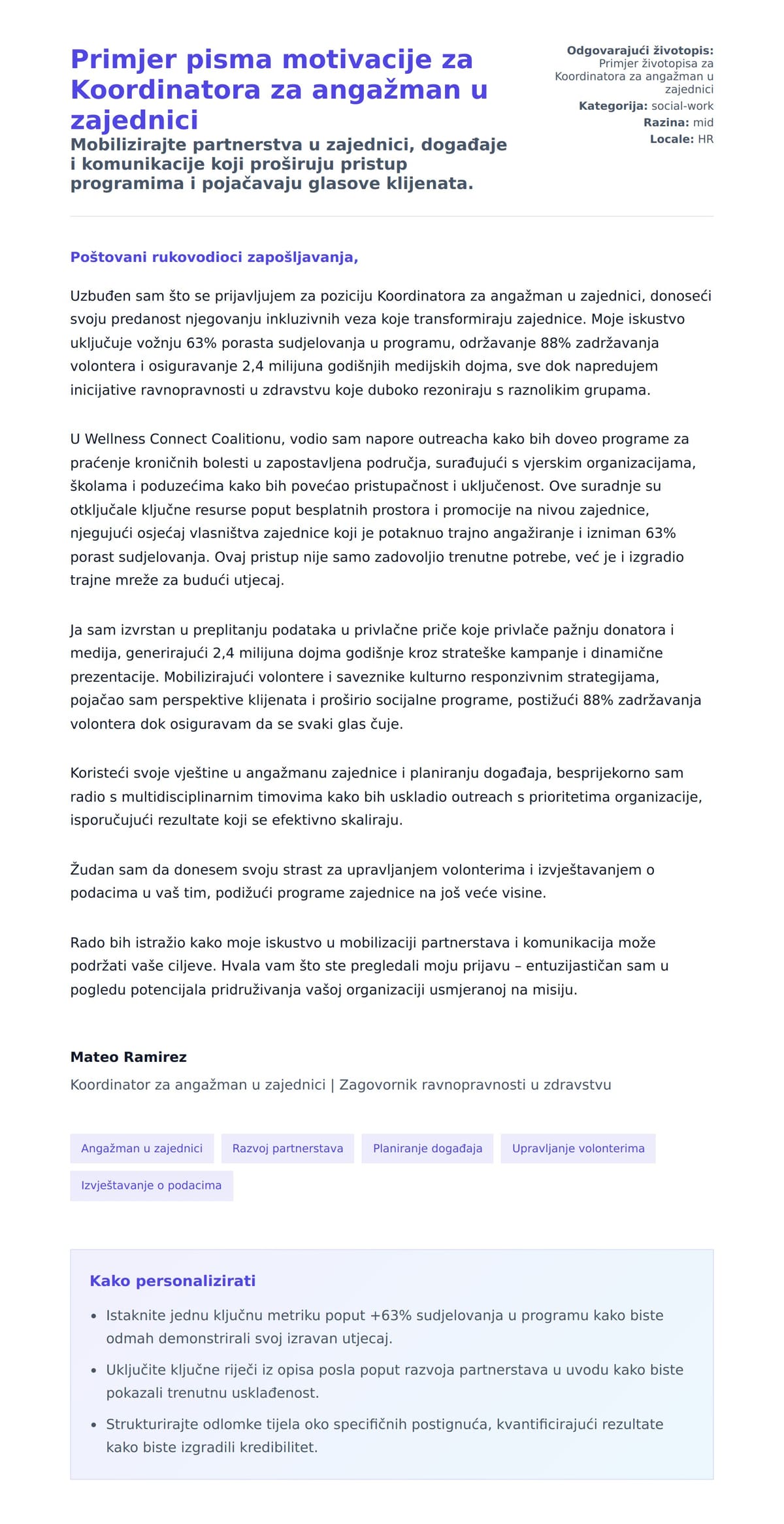 Pregled motivacijskog pisma za Primjer pisma motivacije za Koordinatora za angažman u zajednici