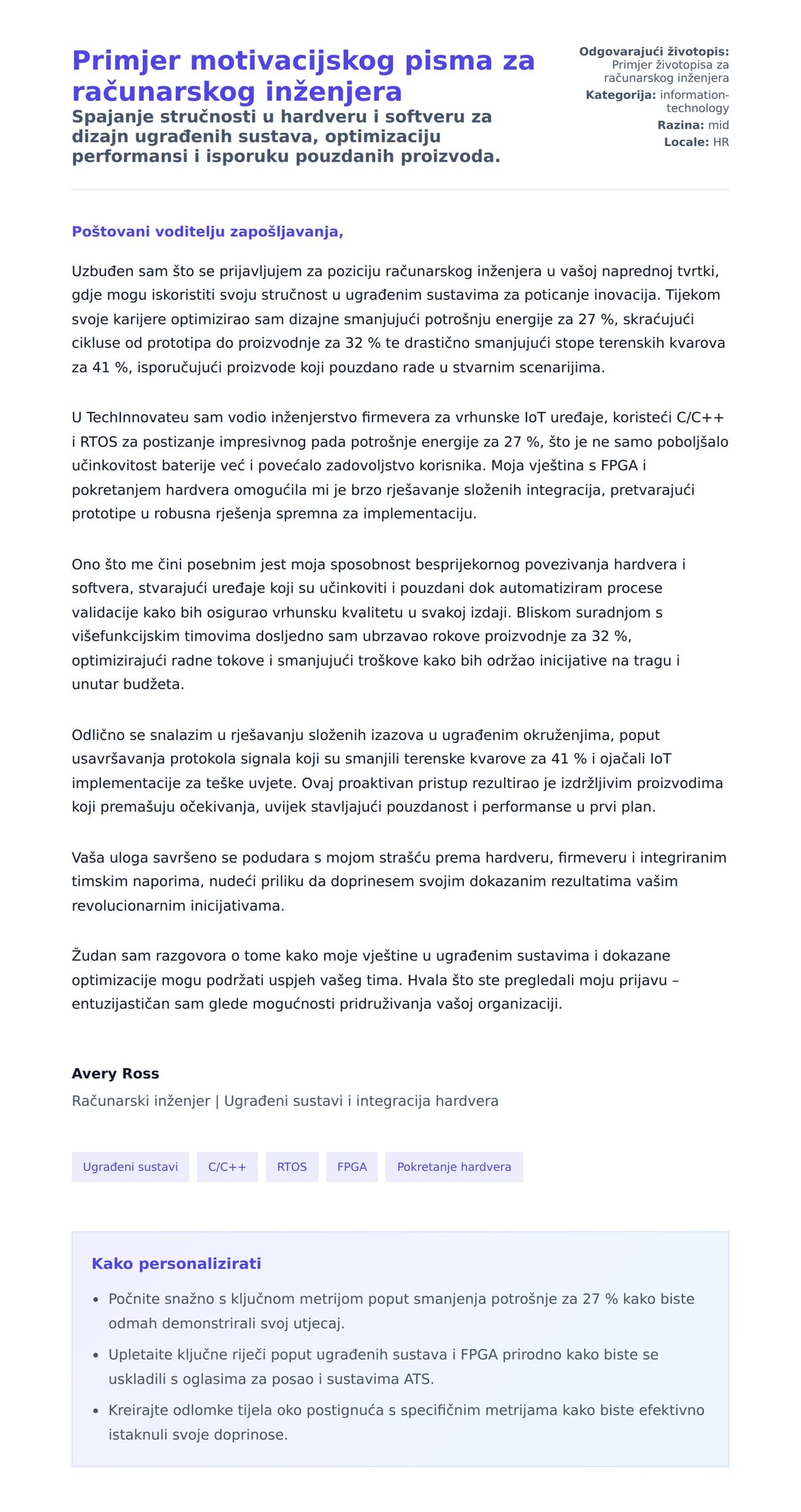 Pregled motivacijskog pisma za Primjer motivacijskog pisma za računarskog inženjera