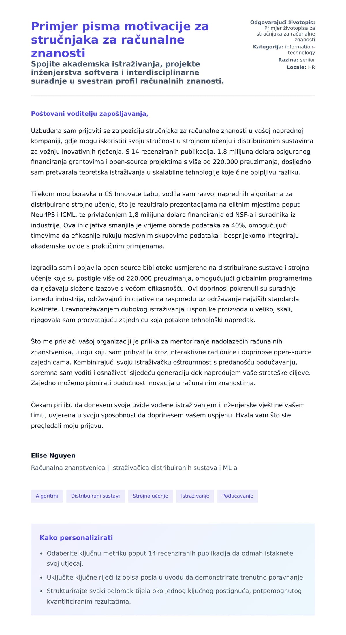 Pregled motivacijskog pisma za Primjer pisma motivacije za stručnjaka za računalne znanosti