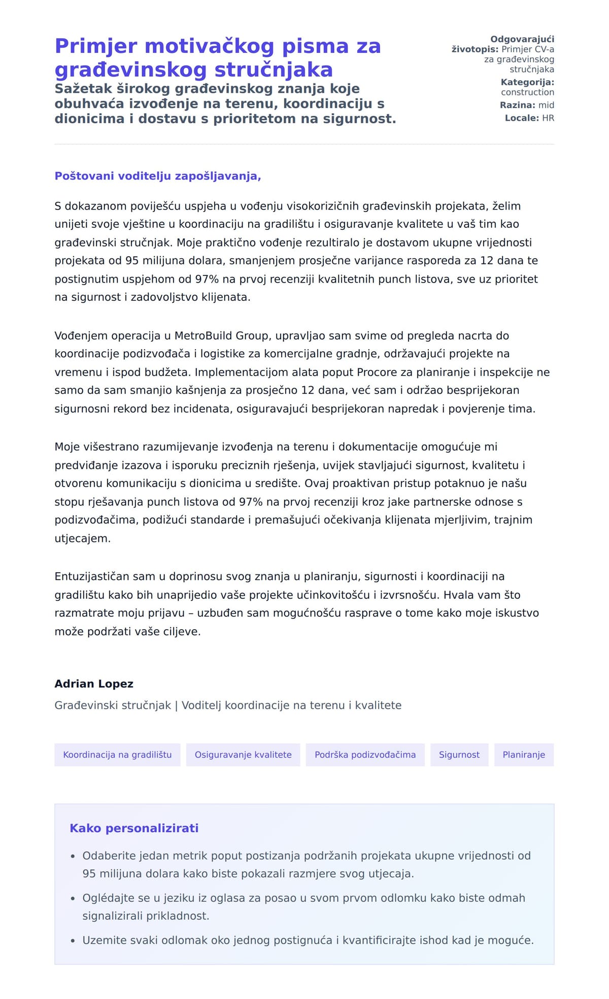 Pregled motivacijskog pisma za Primjer motivačkog pisma za građevinskog stručnjaka