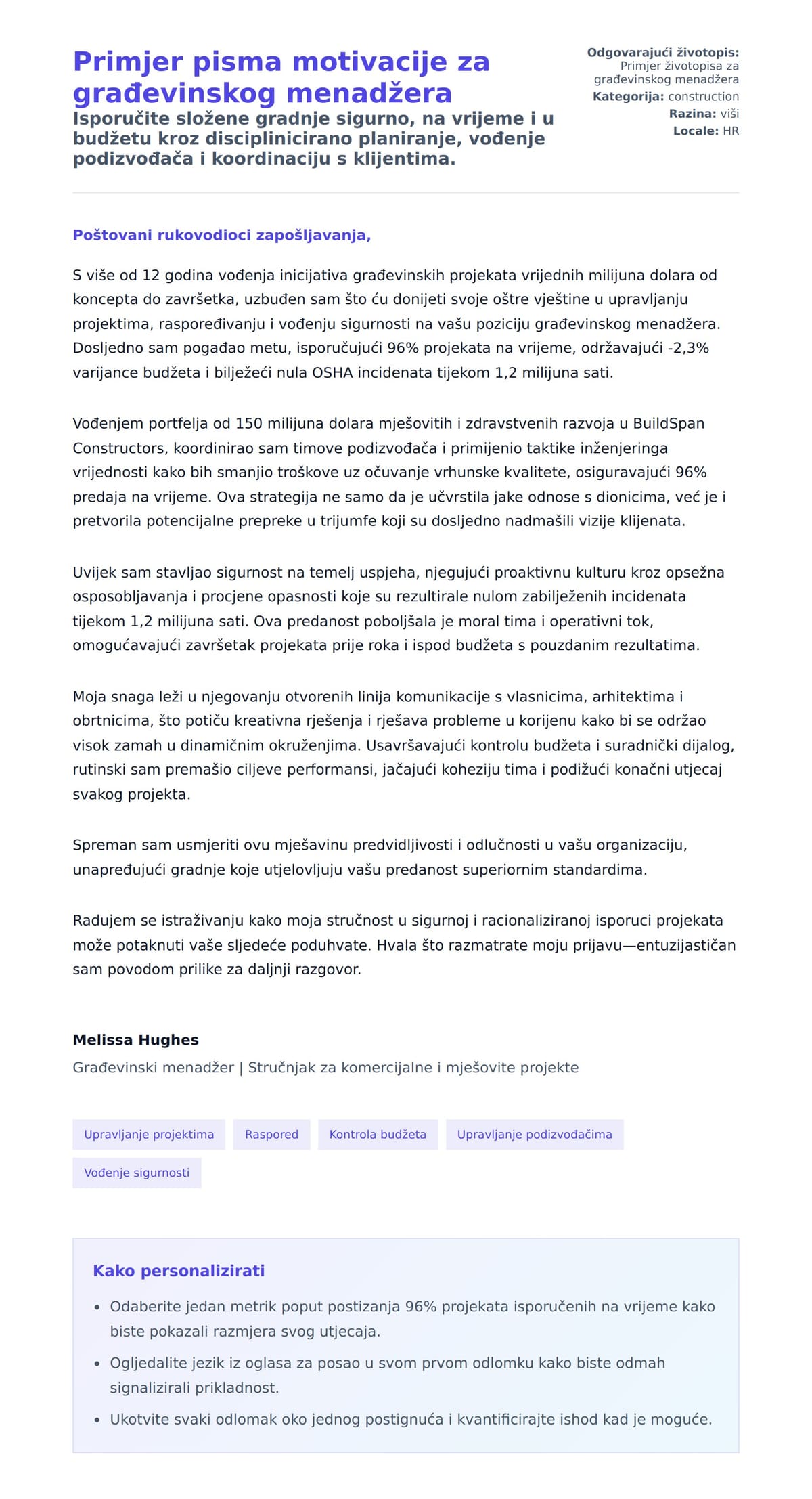 Pregled motivacijskog pisma za Primjer pisma motivacije za građevinskog menadžera