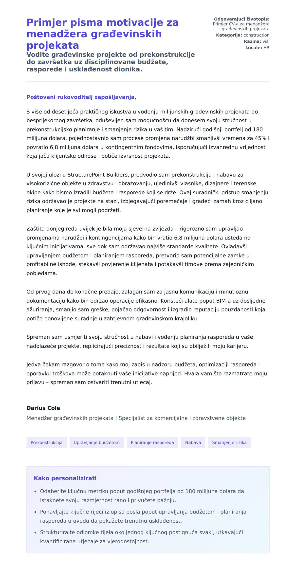 Pregled motivacijskog pisma za Primjer pisma motivacije za menadžera građevinskih projekata