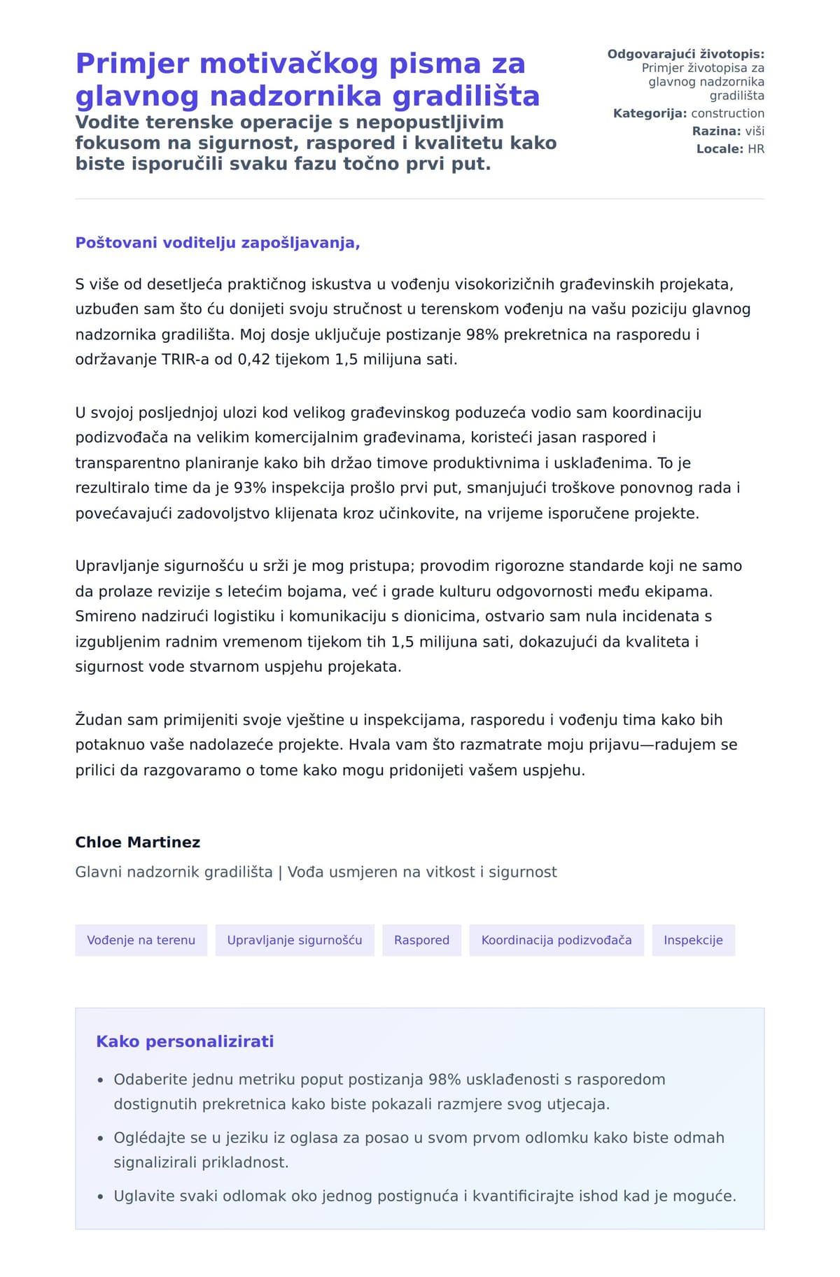 Pregled motivacijskog pisma za Primjer motivačkog pisma za glavnog nadzornika gradilišta
