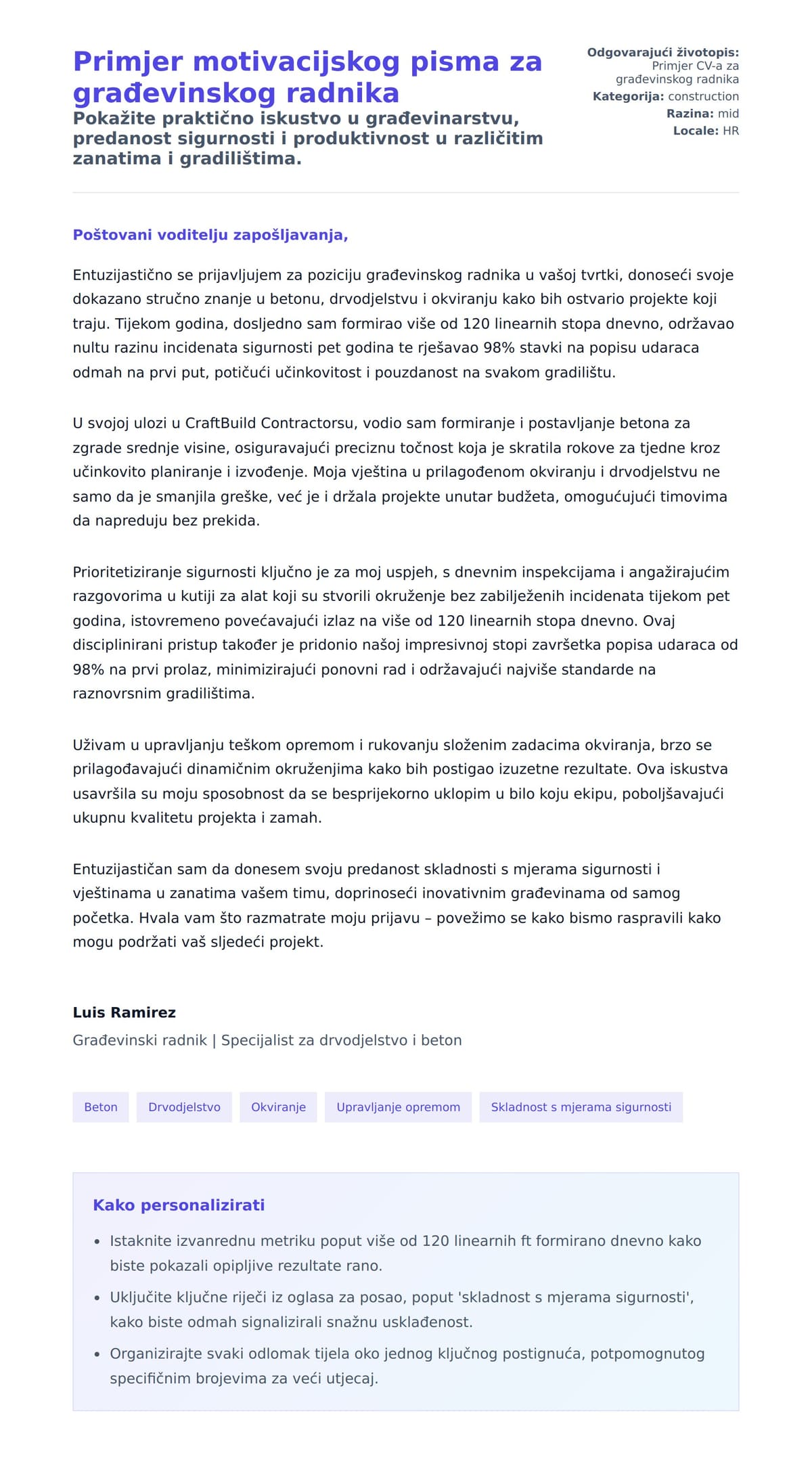 Pregled motivacijskog pisma za Primjer motivacijskog pisma za građevinskog radnika