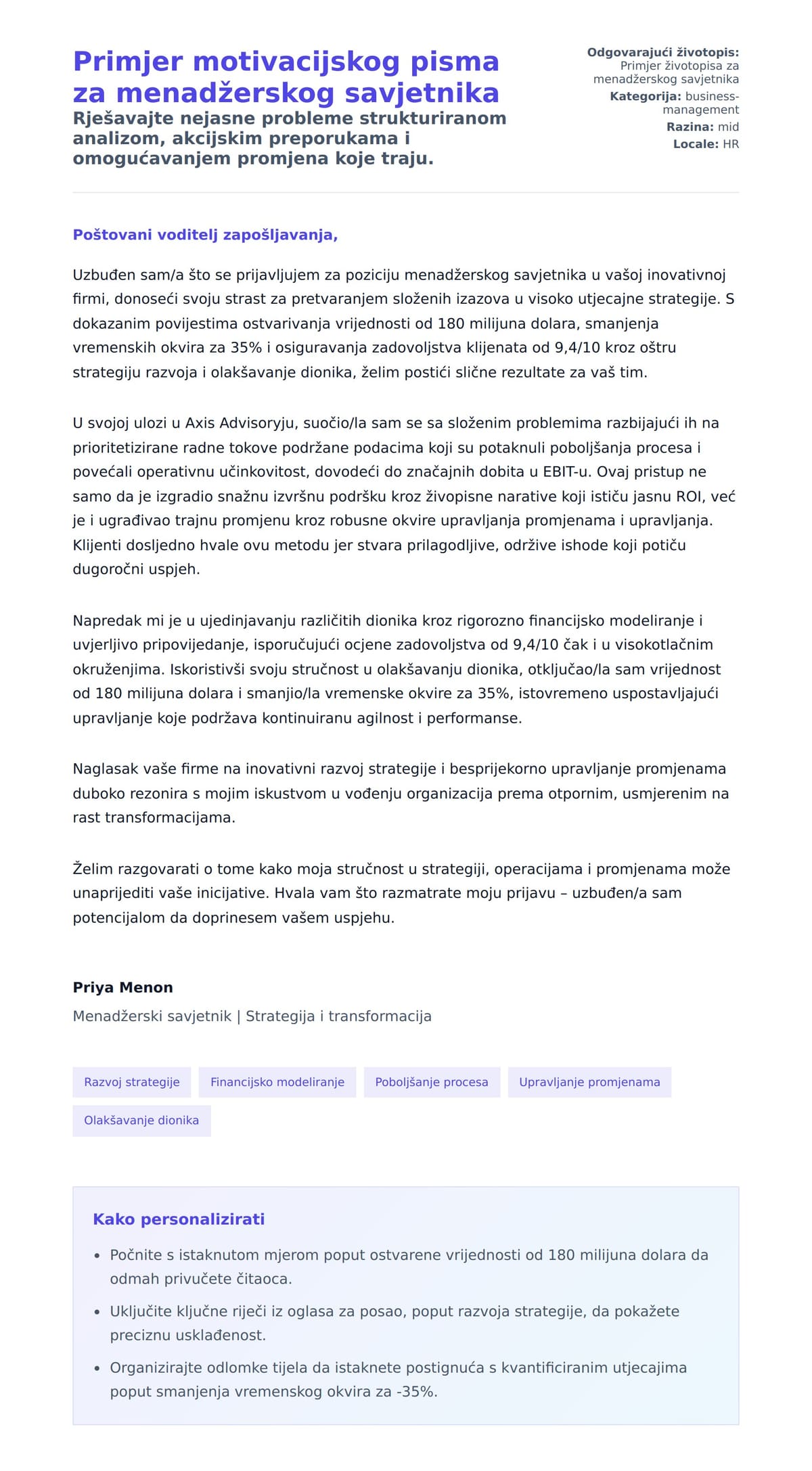 Pregled motivacijskog pisma za Primjer motivacijskog pisma za menadžerskog savjetnika