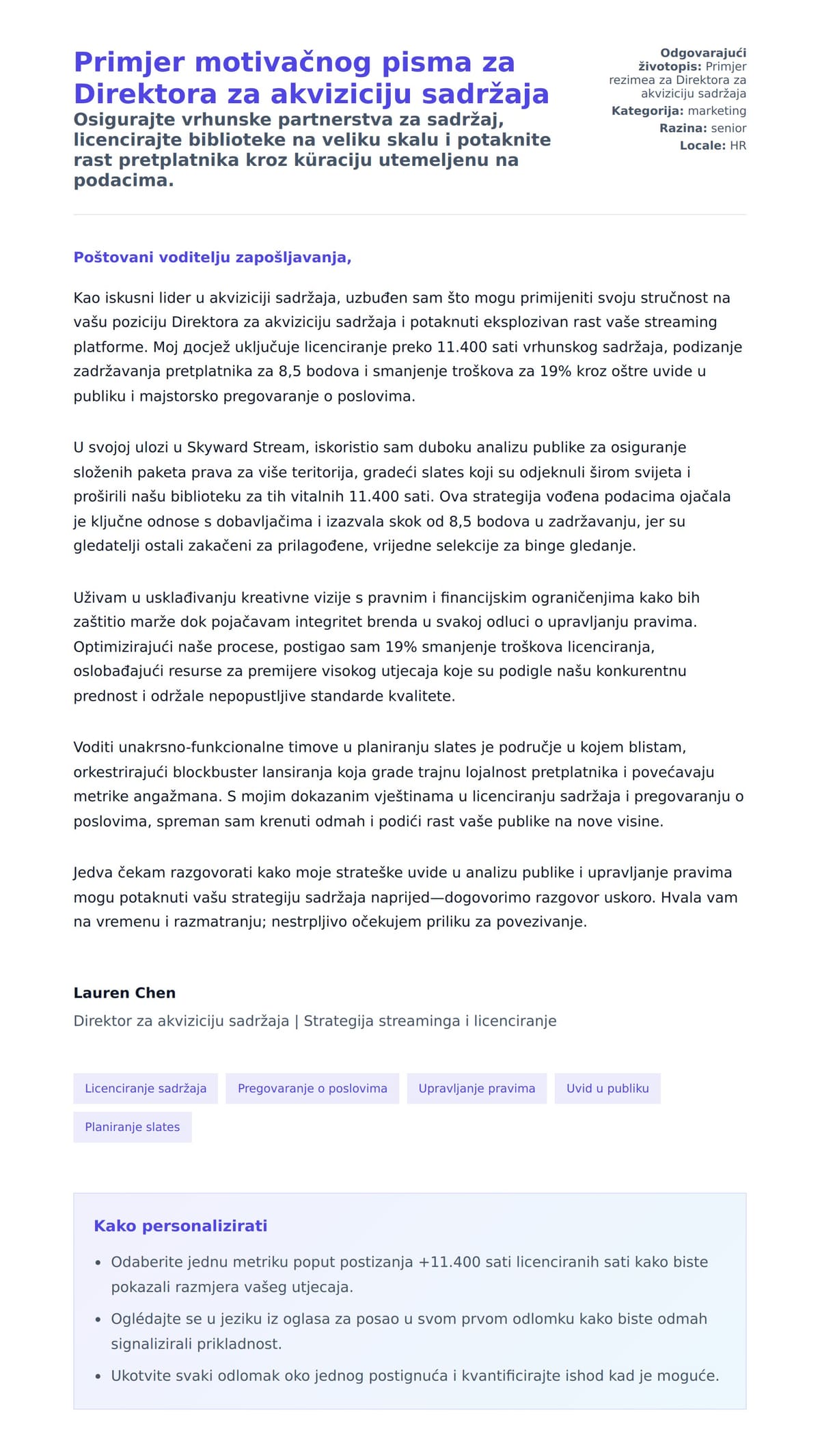 Pregled motivacijskog pisma za Primjer motivačnog pisma za Direktora za akviziciju sadržaja
