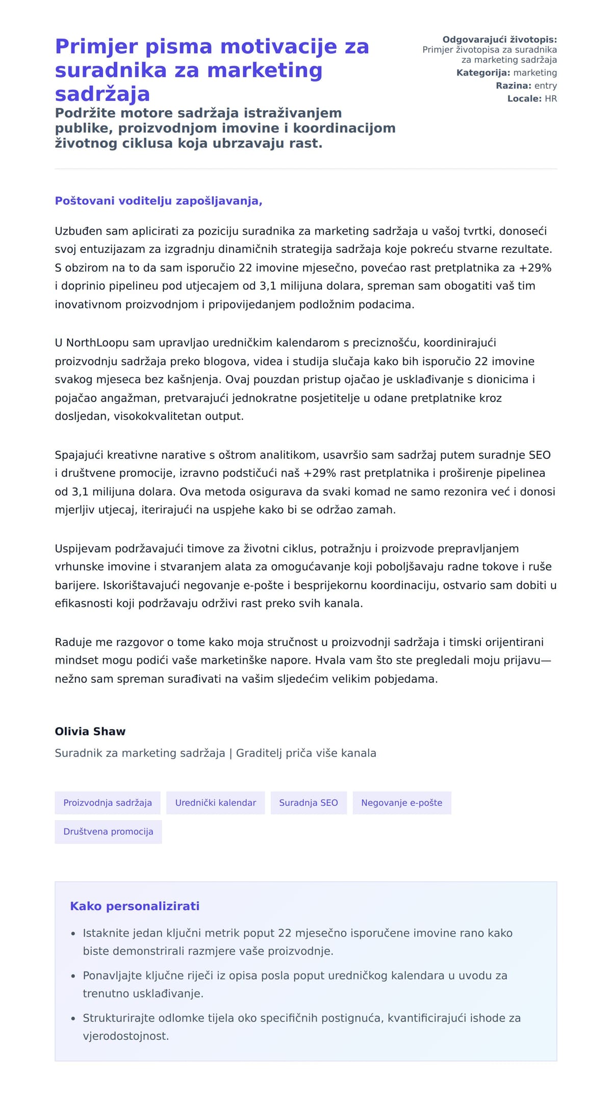 Pregled motivacijskog pisma za Primjer pisma motivacije za suradnika za marketing sadržaja