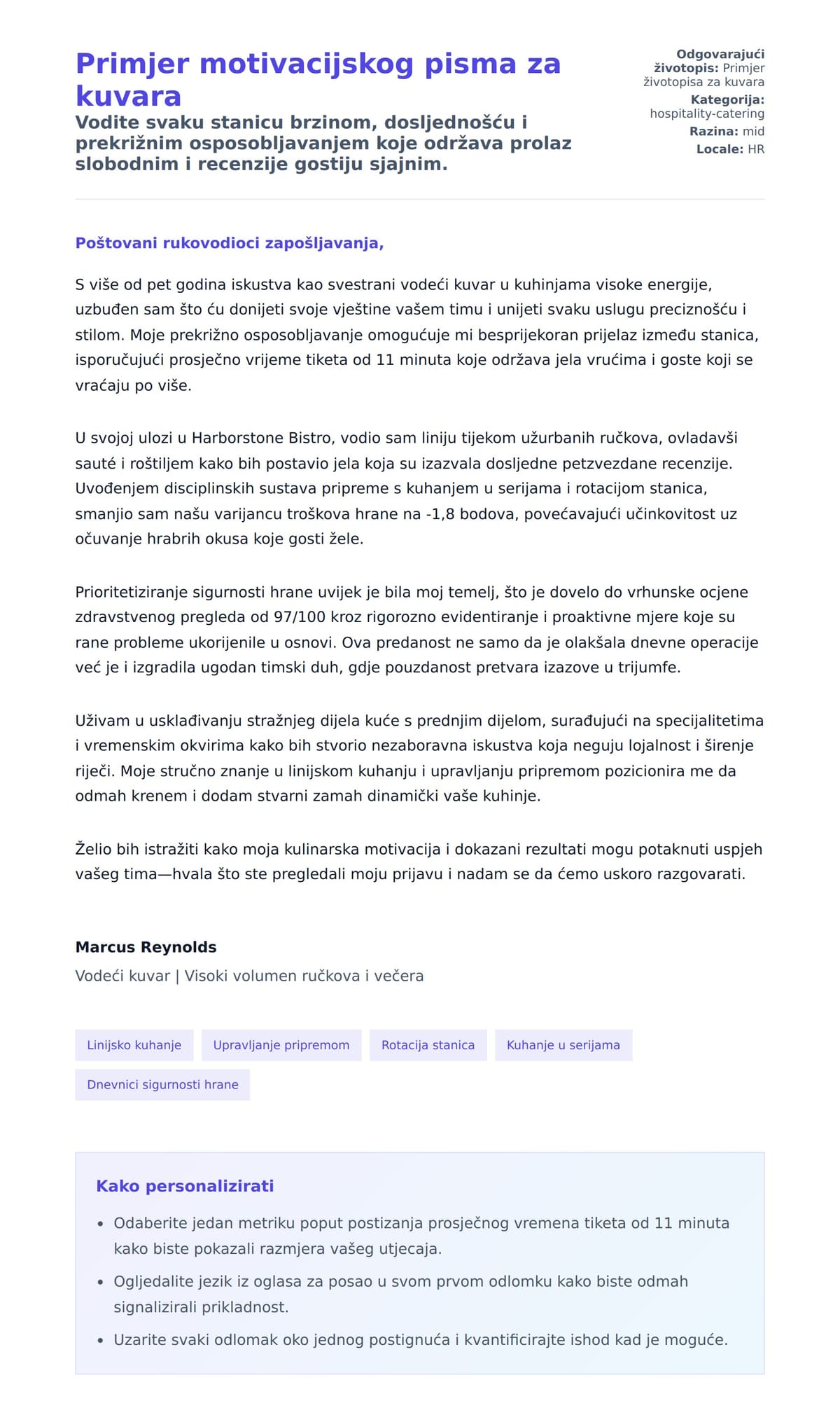 Pregled motivacijskog pisma za Primjer motivacijskog pisma za kuvara