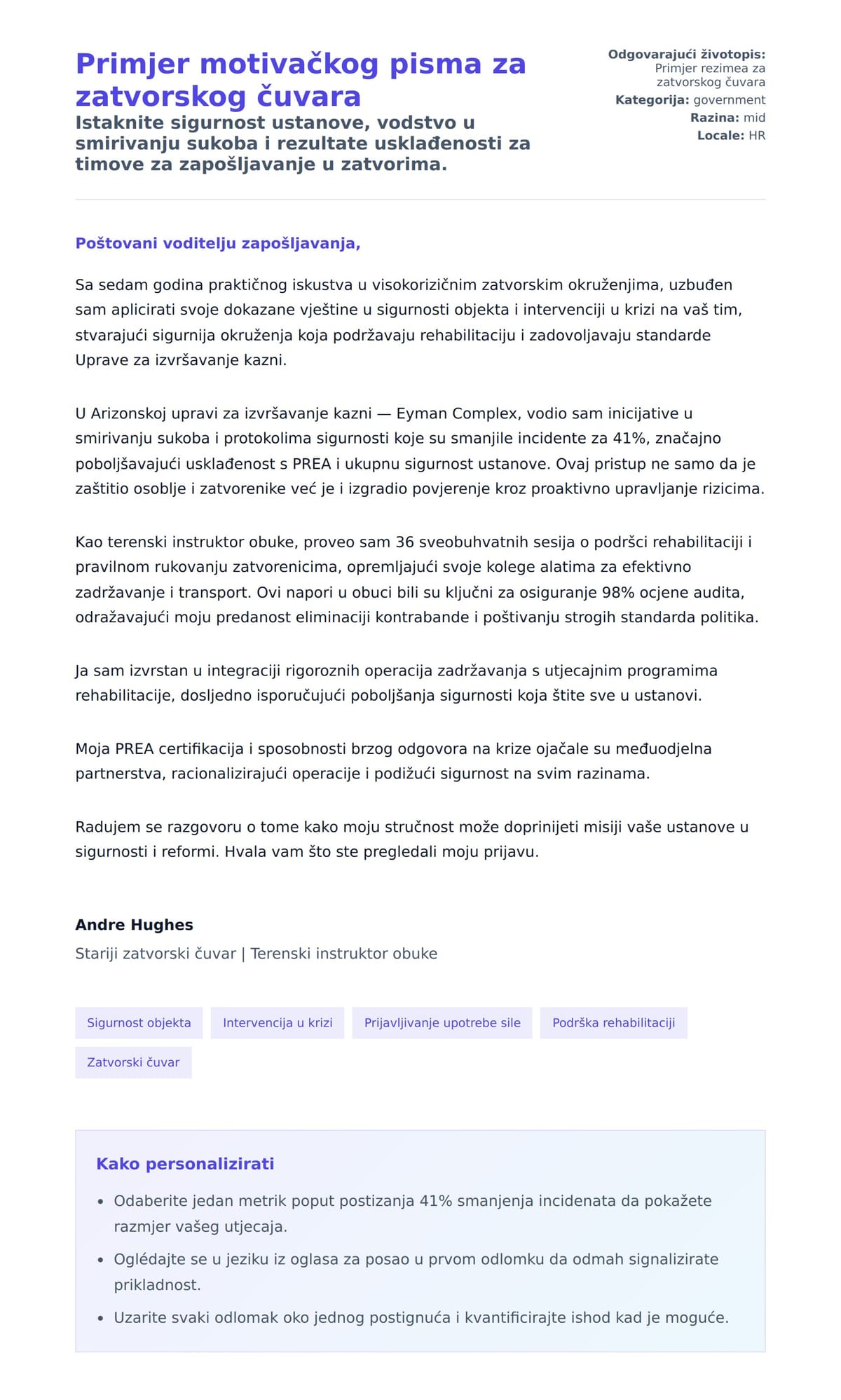 Pregled motivacijskog pisma za Primjer motivačkog pisma za zatvorskog čuvara