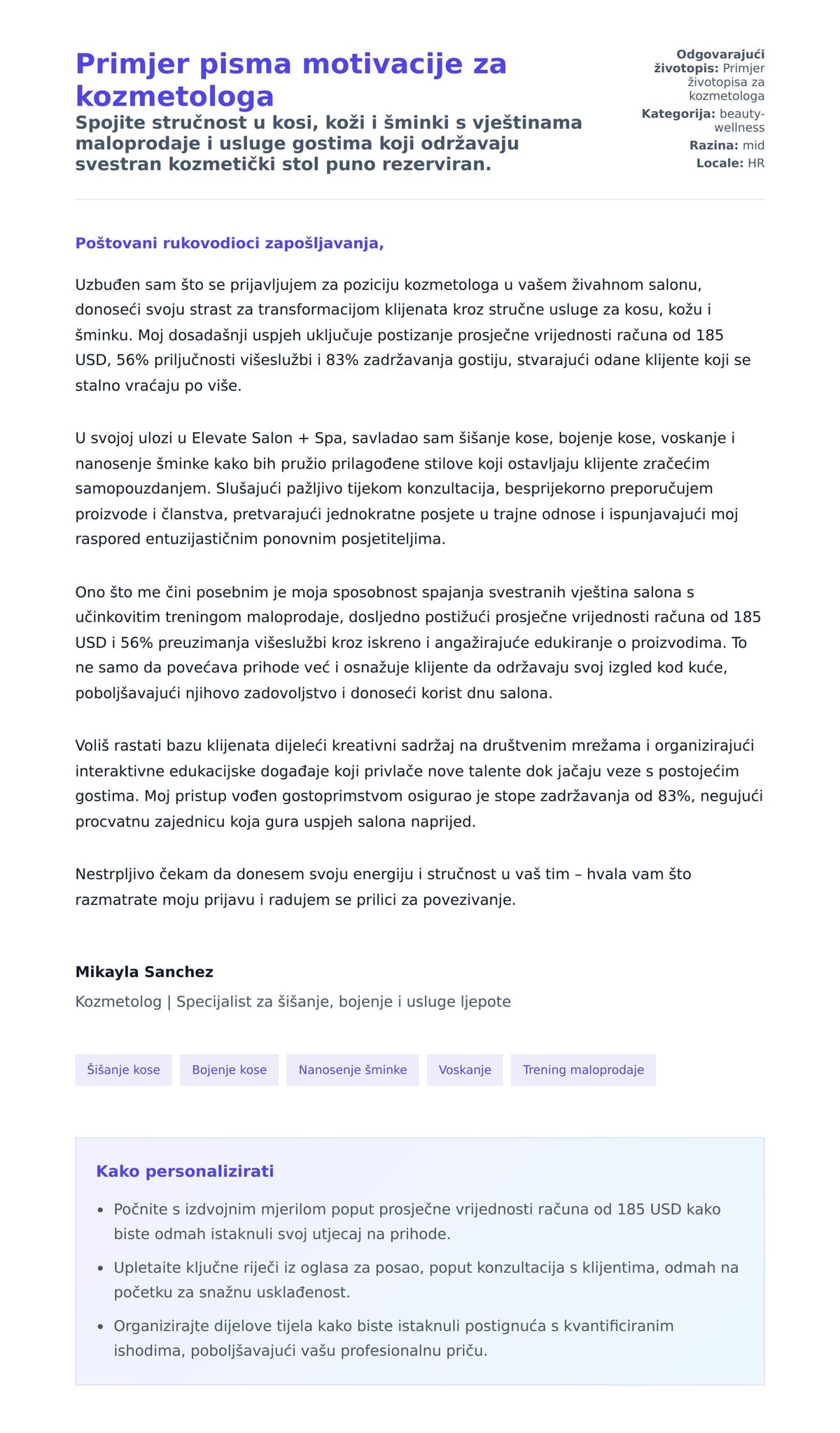 Pregled motivacijskog pisma za Primjer pisma motivacije za kozmetologa