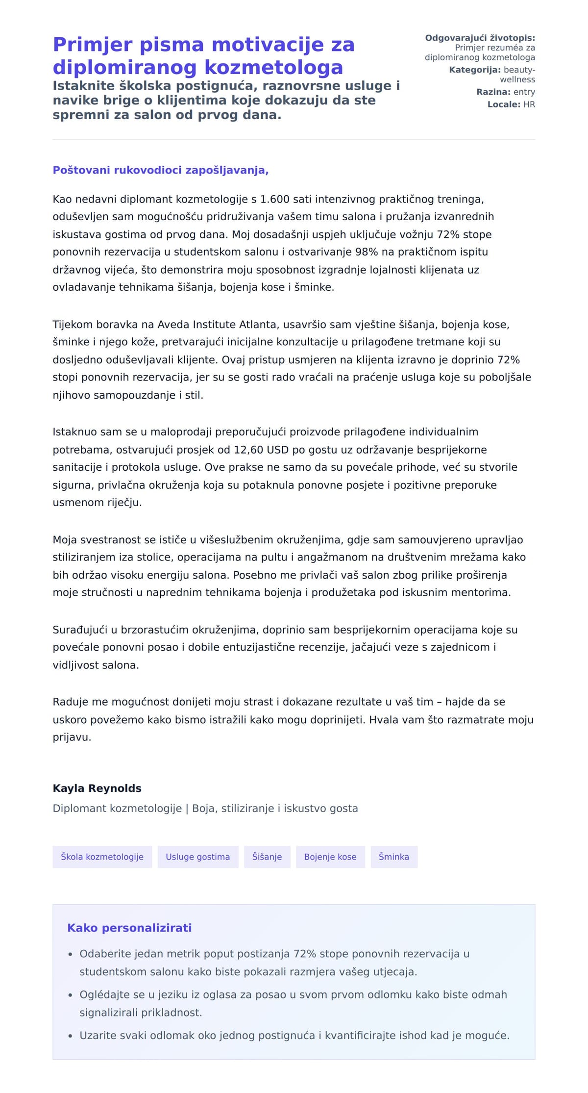 Pregled motivacijskog pisma za Primjer pisma motivacije za diplomiranog kozmetologa