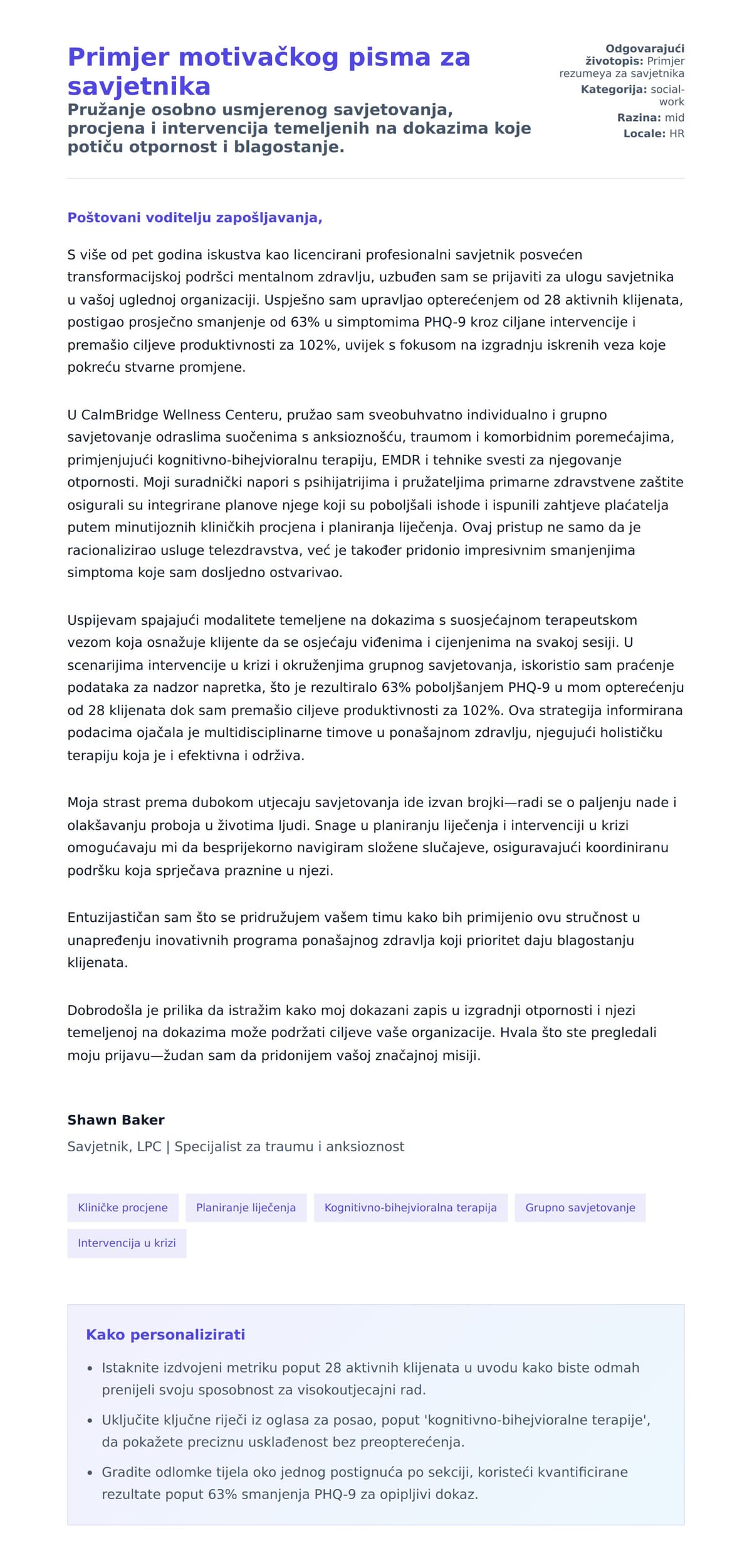 Pregled motivacijskog pisma za Primjer motivačkog pisma za savjetnika