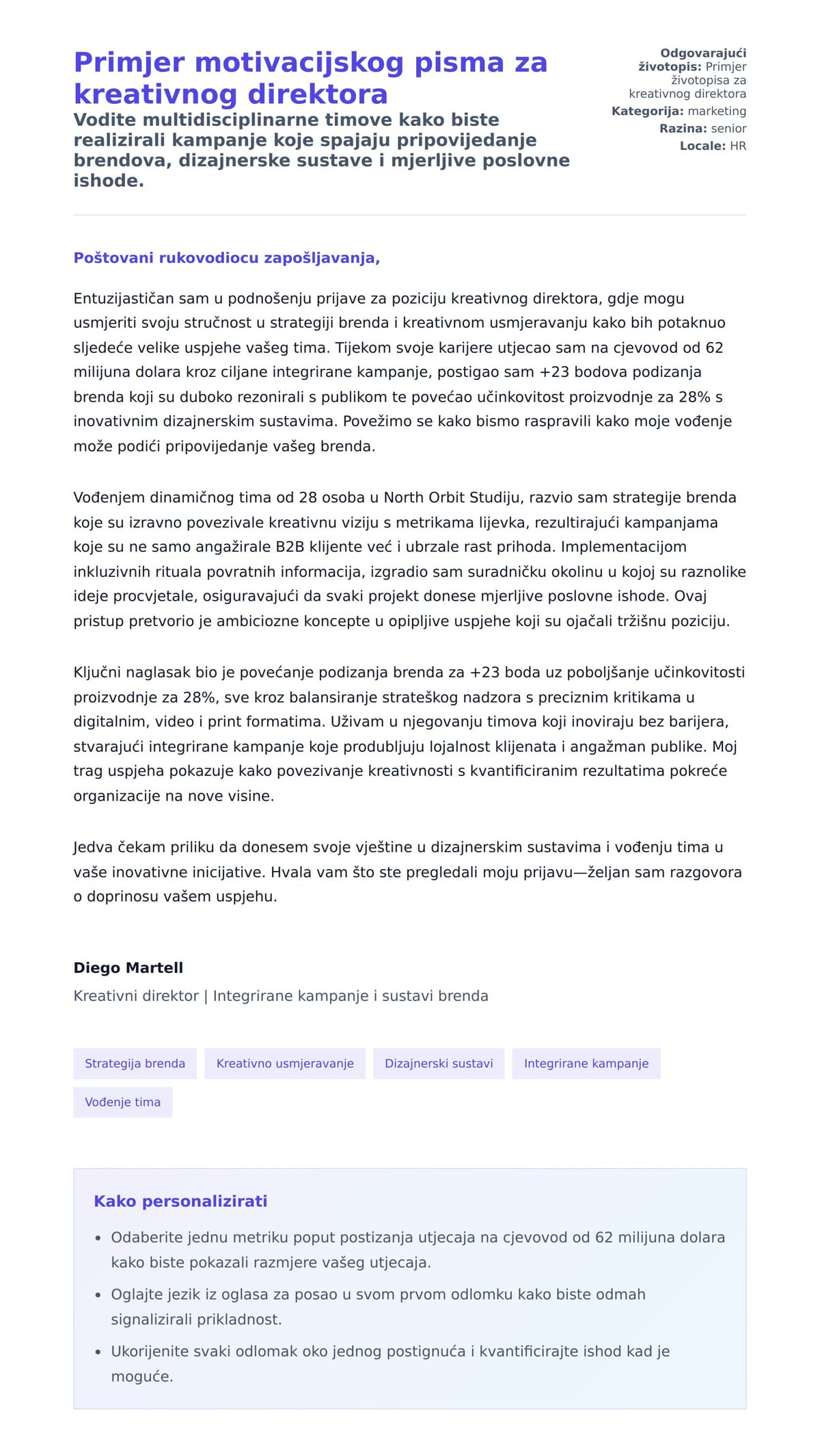 Pregled motivacijskog pisma za Primjer motivacijskog pisma za kreativnog direktora