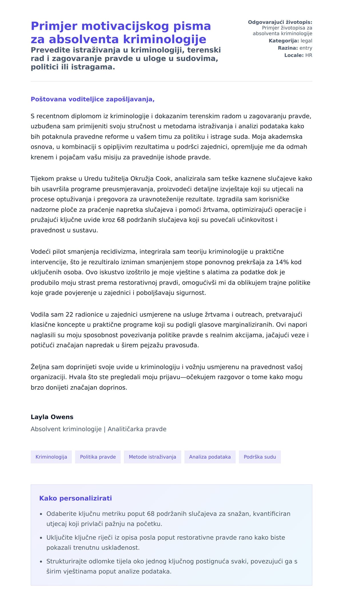 Pregled motivacijskog pisma za Primjer motivacijskog pisma za absolventa kriminologije