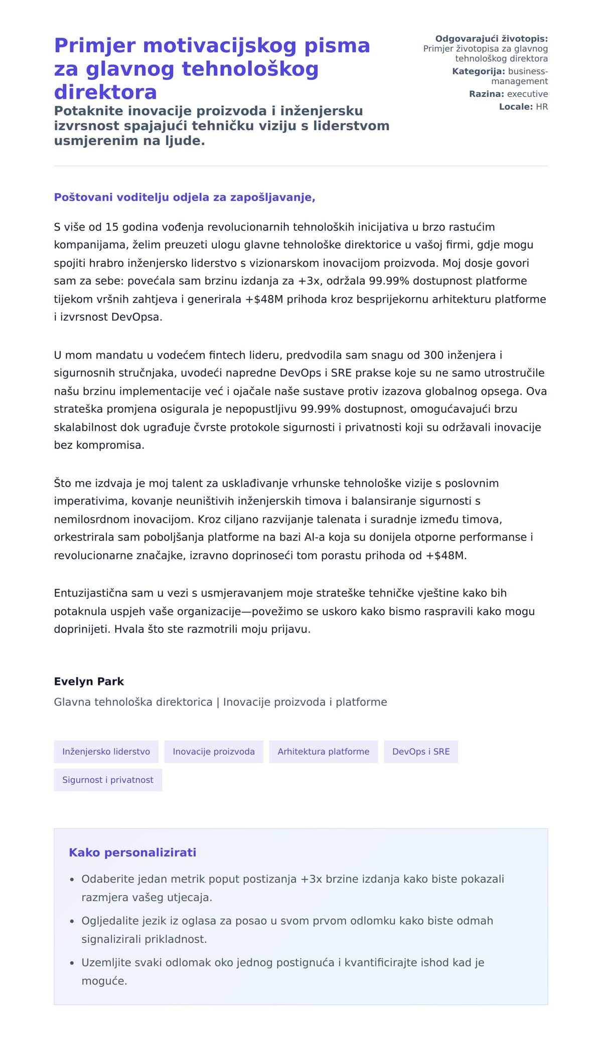 Pregled motivacijskog pisma za Primjer motivacijskog pisma za glavnog tehnološkog direktora