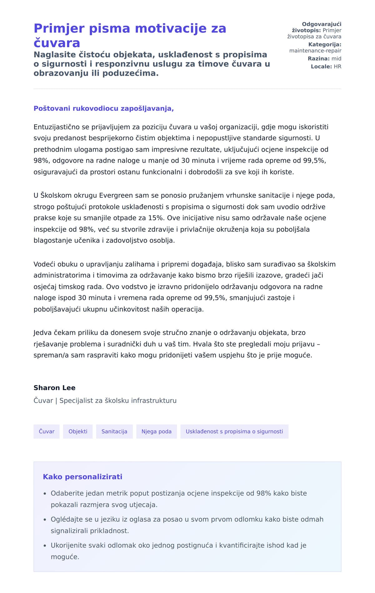 Pregled motivacijskog pisma za Primjer pisma motivacije za čuvara