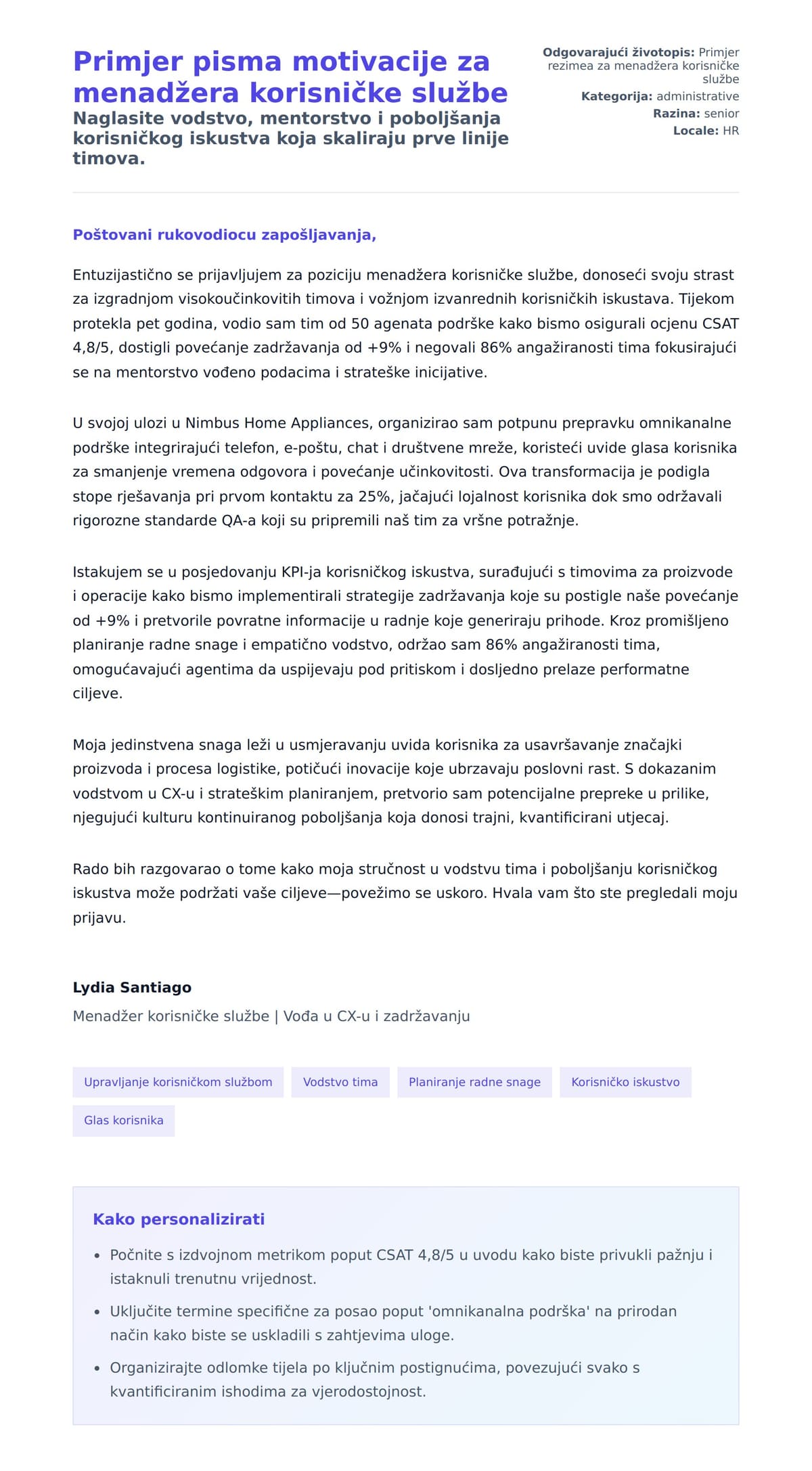 Pregled motivacijskog pisma za Primjer pisma motivacije za menadžera korisničke službe
